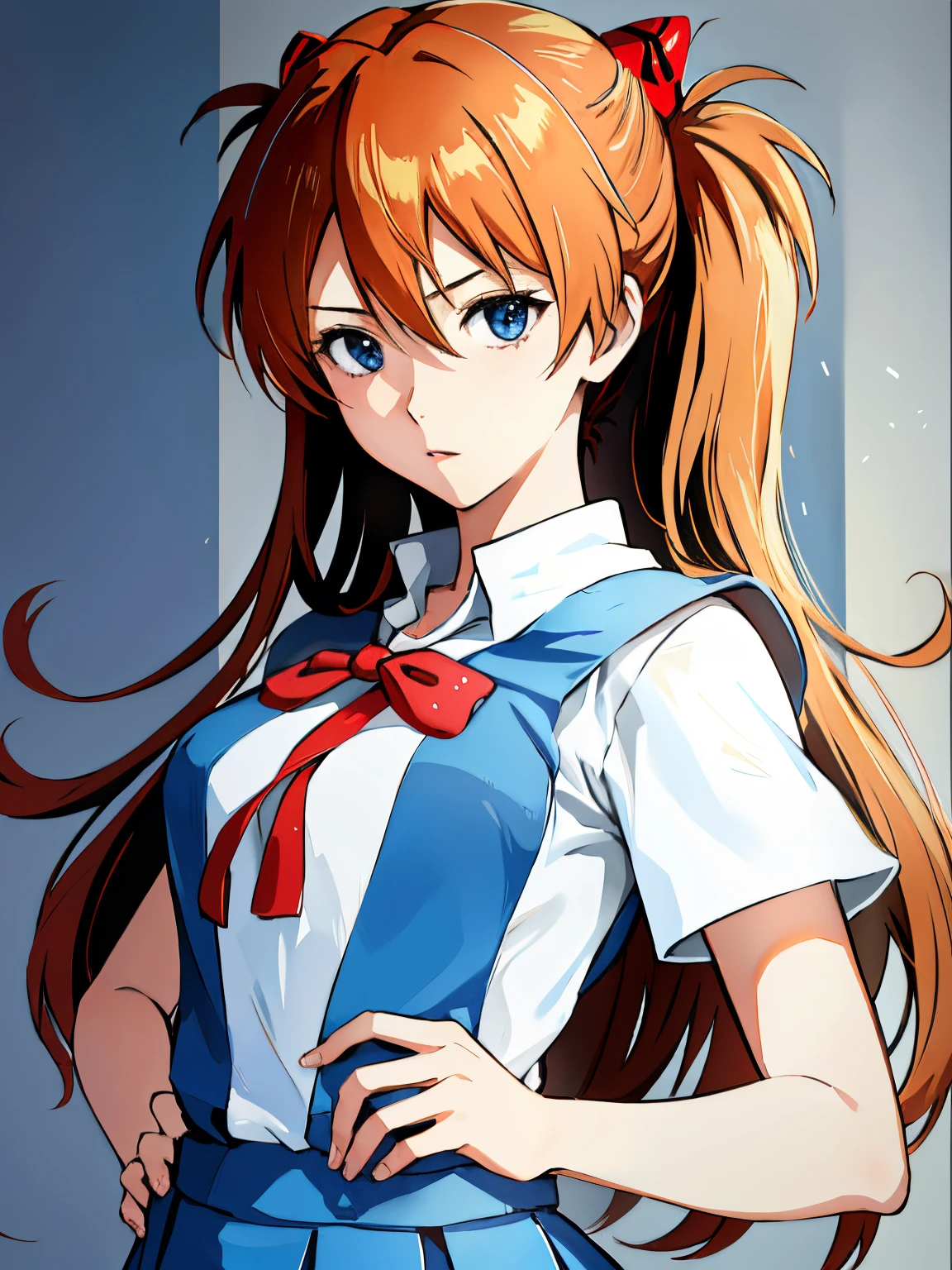 (masutepiece, Best Quality, Detailed), 1girl in, Solo, Souryu Asuka Langley, (Blue school uniform:1.3), White Y-shirt, free pose, Face Focus