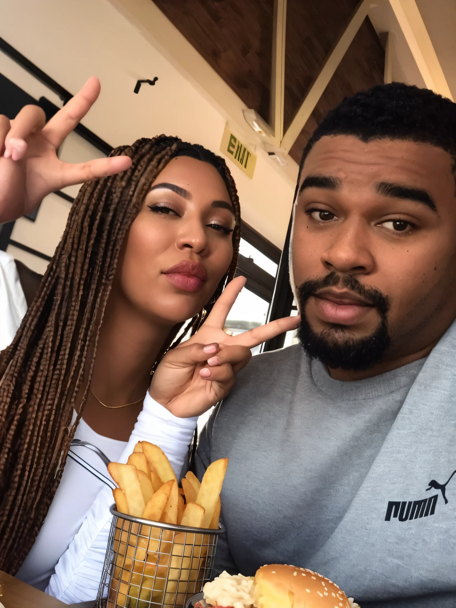 there is a man and woman sitting at a table with a hamburger and fries, they are in love, vacation photo, snapchat photo, photo shoot, charli bowater and artgeem, mukbang, momma and papa, ((oversaturated)), yzy gap, taken in the early 2020s, flowers around, family photo, millennial vibes