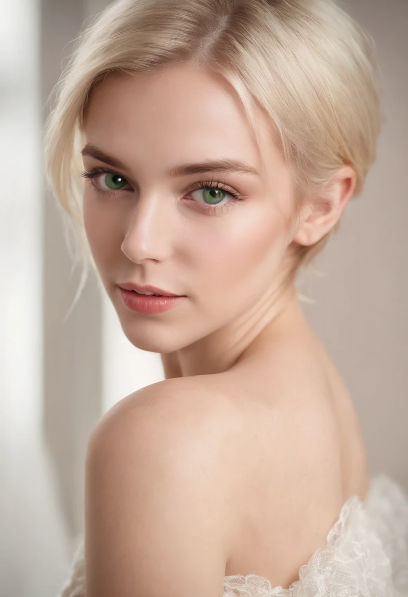 Foto realista, beautiful woman young 20 years old, completamente desnuda posando sensual, delgada blanca, short blonde hair loose back, big green eyes looking towards the camera, maquillaje ligero, sonriendo con la boca cerrada, Clear lighting, colores vividos, textura realista