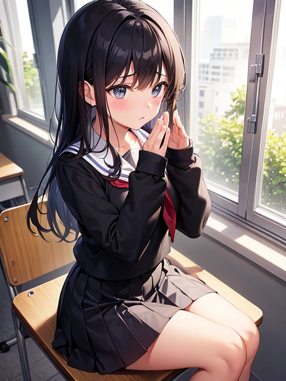 Best quality, (background is a school classroom), 1 girl, sitting on a school chair,((girl is looking at the window:1.3)), (girl is gazing outside from the classroom window), (classroom scene: 1.3), (During class:1.3),black long-sleeved sailor uniform, black pleated skirt, black hair, long hair, young girl, school desk,hands up,elbows on table,face palm,lighting,looking away