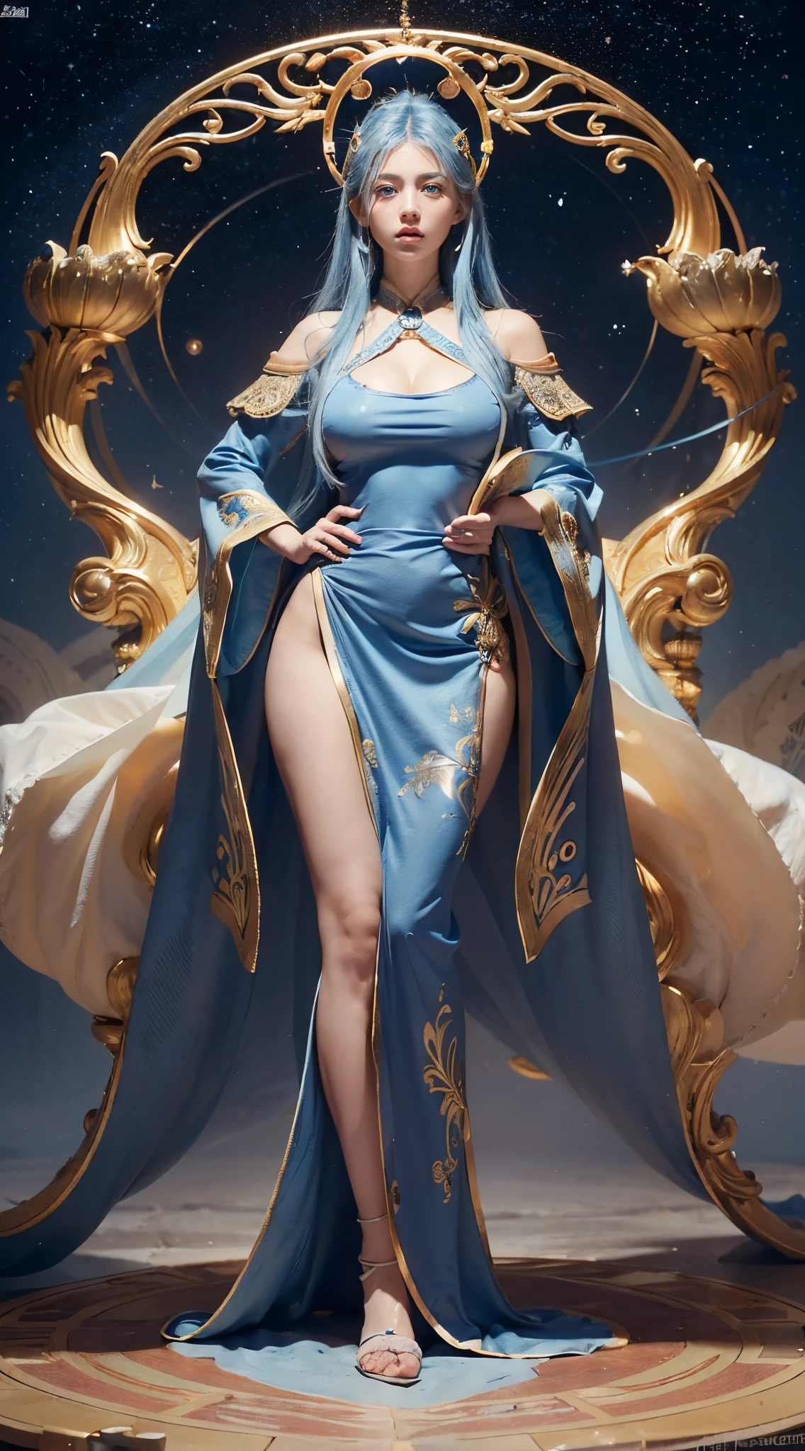 (Numerous award-winning masterpieces, with incredible details), ((Extremely beautifull face)), (extremely detailed realistic face features), (beutiful blue eyes), ((finely detailed true circle Symmetrical blue eyes)), (She has a meloncholic face), (A majestic sight), long golden hair, (big breasts: 1.8), anatomic, (big brests: 1.8), small wraist with big hips, light blue hair, long hair