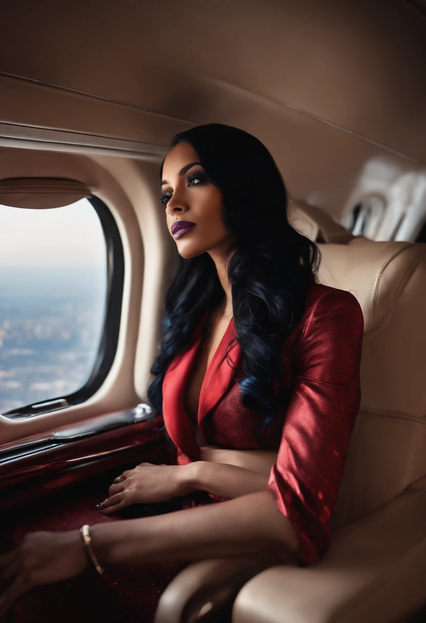 A photo of the character sitting in a private jet, sipping champagne and looking out the window at the skyline below.,original,She has long, ebony black hair with purple streaks and red tips, icy blue eyes "like limpid tears" (even when they've mysteriously turned red), and she only wears clothing from Hot Topic.