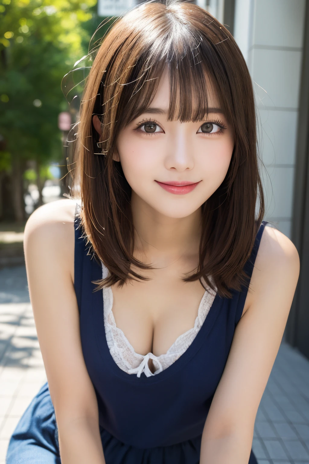 masutepiece, Best Quality, Illustration, Ultra-detailed, finely detail, hight resolution, 8K Wallpaper, Perfect dynamic composition, Beautiful detailed eyes, Women's Fashion Summer,Medium Hair,Small breasts natural color lip, Bold sexy poses,Smile,Harajuku、20 years girl、Cute、Sexy shot looking at camera