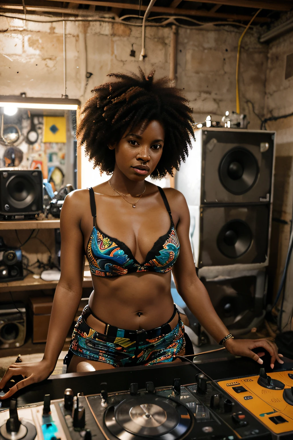 There's a woman playing a DJ in a room, afro tecnologia, In his workshop in the basement, Mulher negra com cabelo afro, Manter-se ocupado na Art Station, music being played, Arte Promocional, afro, in a studio, Artista desconhecido, Afro - estilo futurista, DJ, Bay Area, sala de caldeiras, Afro Futurista, Conjunto de DJ, em uma oficina, Imagem absolutamente excepcional, --ar 16:9 --v 5