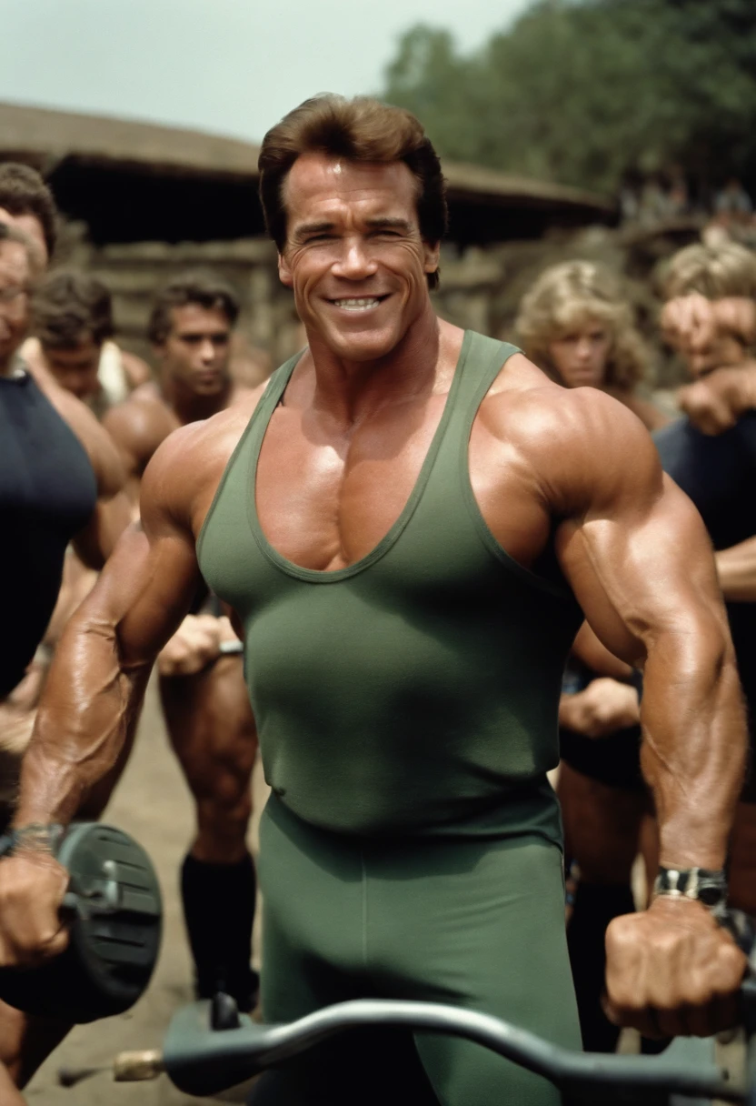 A photo of Arnold Schwarzenegger leading a group of bodybuilders in a motivational chant,original,In the documentary “Pumping Iron,” Arnold Schwarzenegger exudes a towering and muscular physique, his body a sculpted testament to his dedication to bodybuilding. His appearance is marked by his signature confident swagger, a charming smile, and an almost palpable aura of self-assuredness.