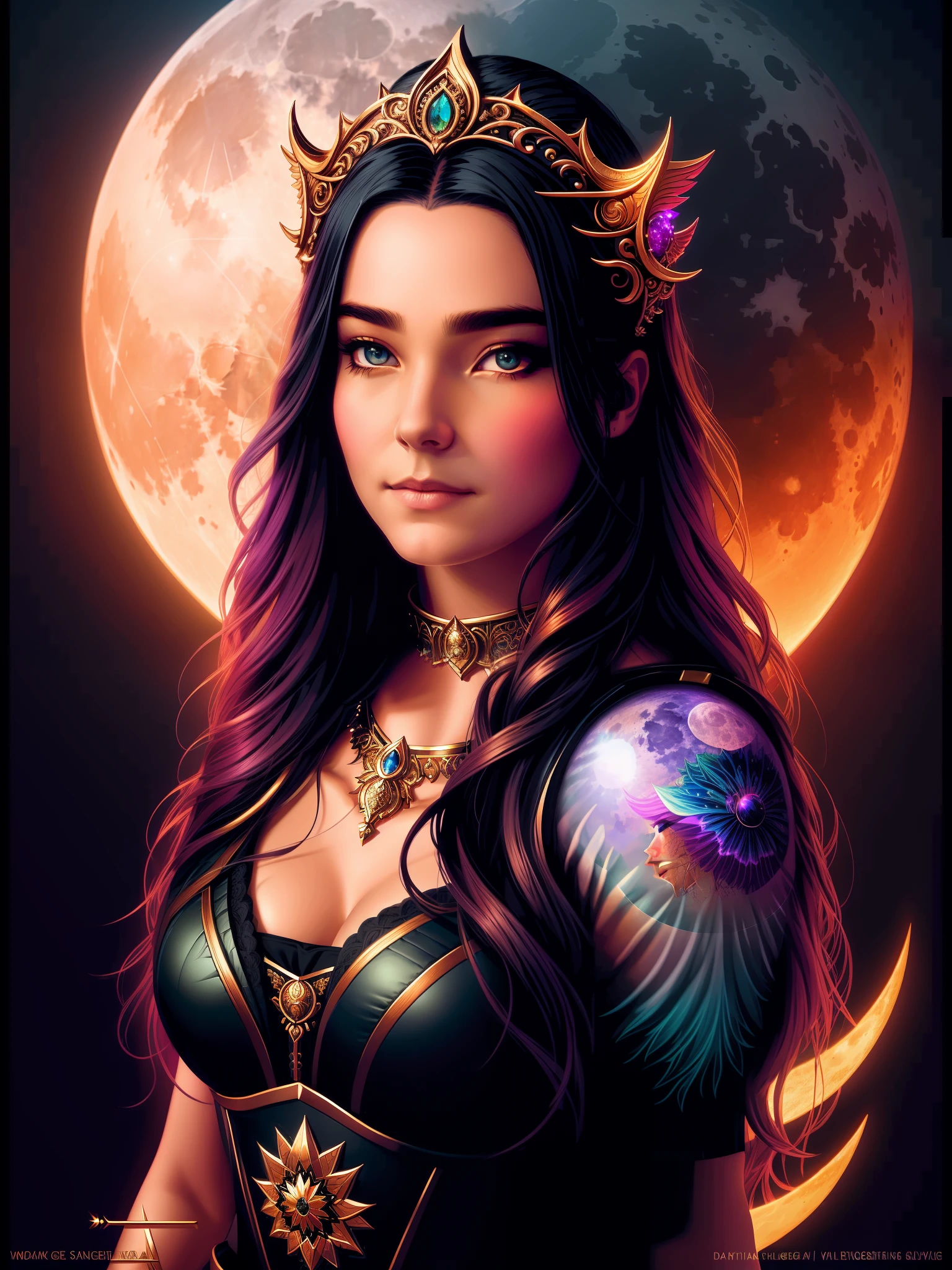 high quality 4k high detailed beautiful fantasy goddess of the moon, dark vibes, centered, symmetry, painted, intricate, volumetric lighting, beautiful, rich deep colors masterpiece, sharp focus, ultra detailed, in the style of dan mumford and marc simonetti, astrophotography