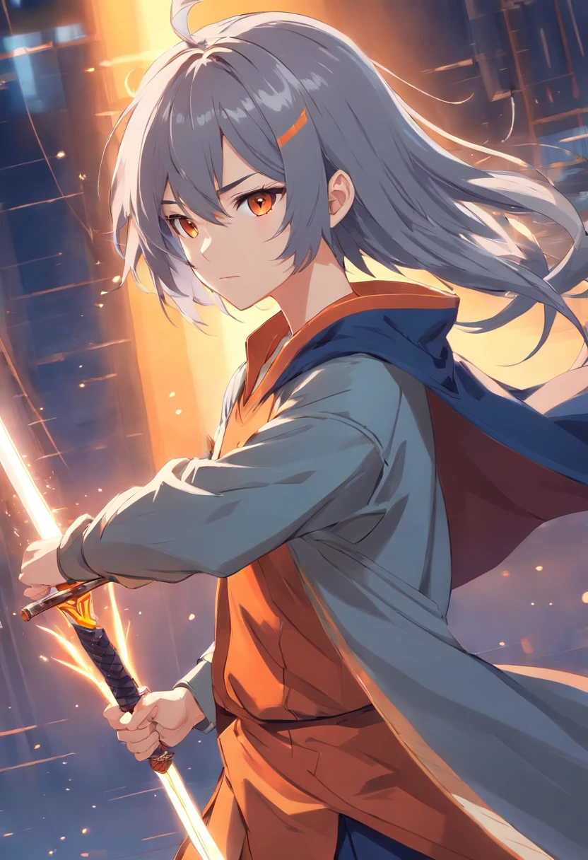 1 persons, young 17 years old, musculous, 1.65 height, Long gray hair,There are white stripes, Unusual hairstyles, Orange eyes, capes, Furious Armor, Dark clothes, sword slaying dragon