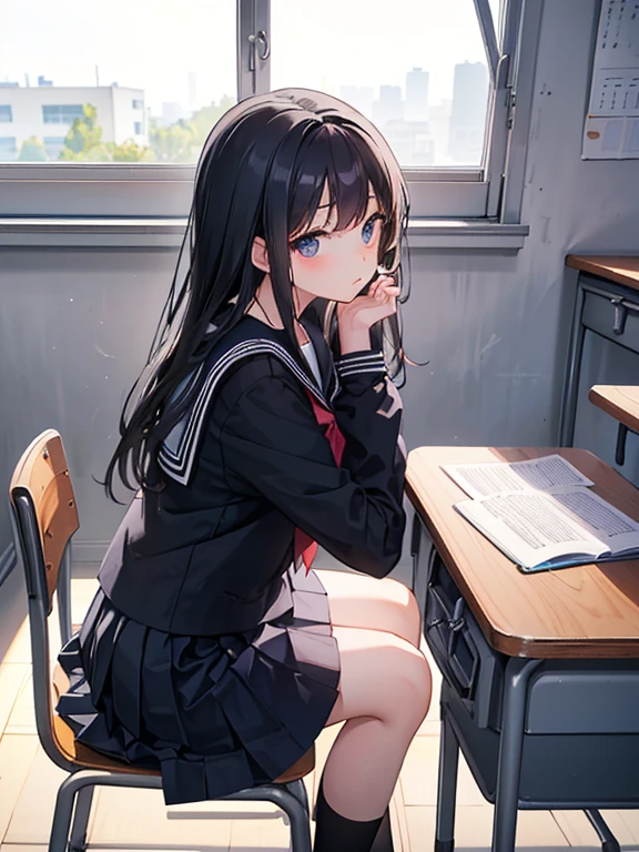 Best quality, (background is a school classroom), 1 girl, sitting on a school chair,looking away,((girl is looking at the window:1.3)), (girl is gazing outside from the classroom window), (classroom scene: 1.3), (During class:1.3),black long-sleeved sailor uniform, black pleated skirt, black hair, long hair, young girl, school desk,lighting