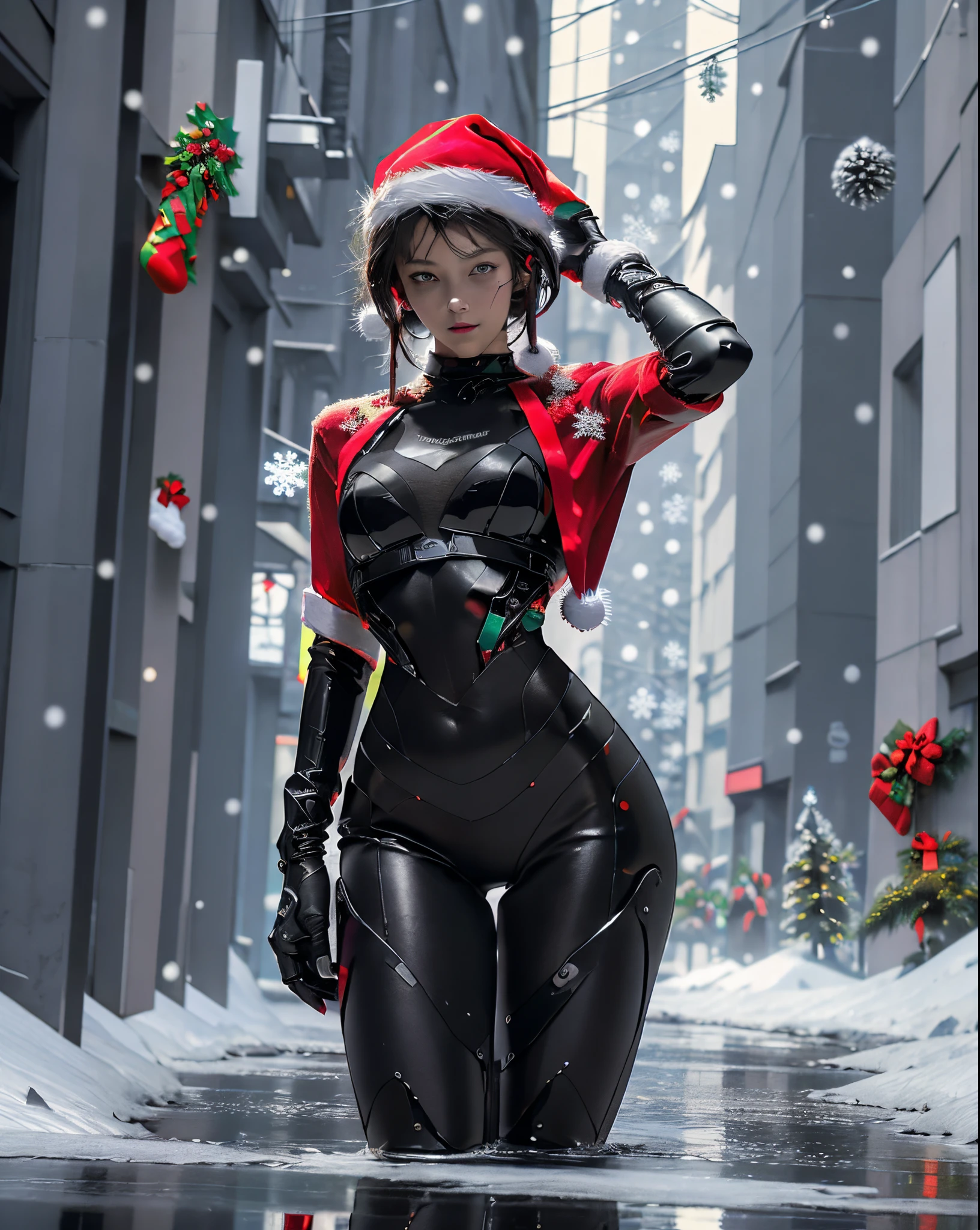 solo, Raw photo, realistic, masterpiece, best quality, high resolution, ultra detailed, official arts, 8K wallpaper, official wallpaper, 1girl, 1female, helmet, little clothing, tiny thong, short black and tight bodysuit, leather, (large breasts), neckline, thin waist, wide hips, night, moonlight, cybernetic motorcycle gloves, (unpacking clothes), innerboob, sensual pose, (a person in a cyberhelmet of the future), cyberhelmet, fantastic, cybernetic, reflections in dark glass and plastic, fullbody, lines of motion, buttom up top down, (curved), hyper detailed, neon lights, neon colors, cyberpunk, reflections, bright, sparks, detailed arms, detailed fingers, detailed bare legs, dark background, (tilted forward and down), seductive pose, sexy vision, fiber optic hair wires and electrical cables, ((christmas theme:1.5)), (snowing)