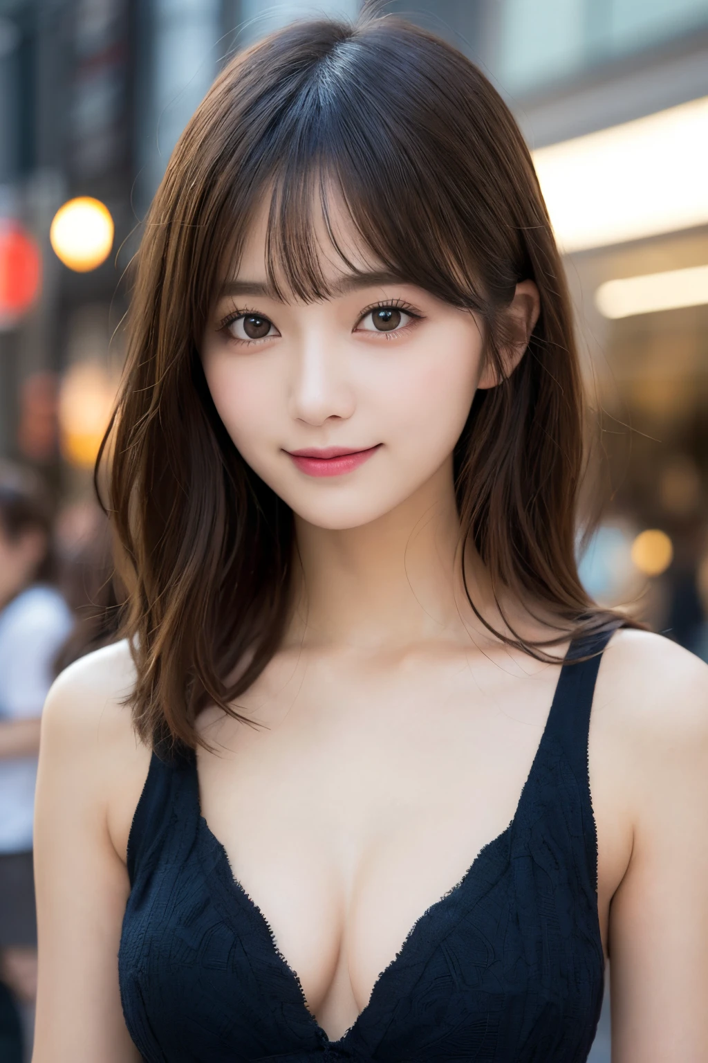 masutepiece, Best Quality, Illustration, Ultra-detailed, finely detail, hight resolution, 8K Wallpaper, Perfect dynamic composition, Beautiful detailed eyes, Women's Fashion Summer,Medium Hair,Small breasts natural color lip, Bold sexy poses,Smile,Harajuku、20 years girl、Cute、Sexy shot looking at camera