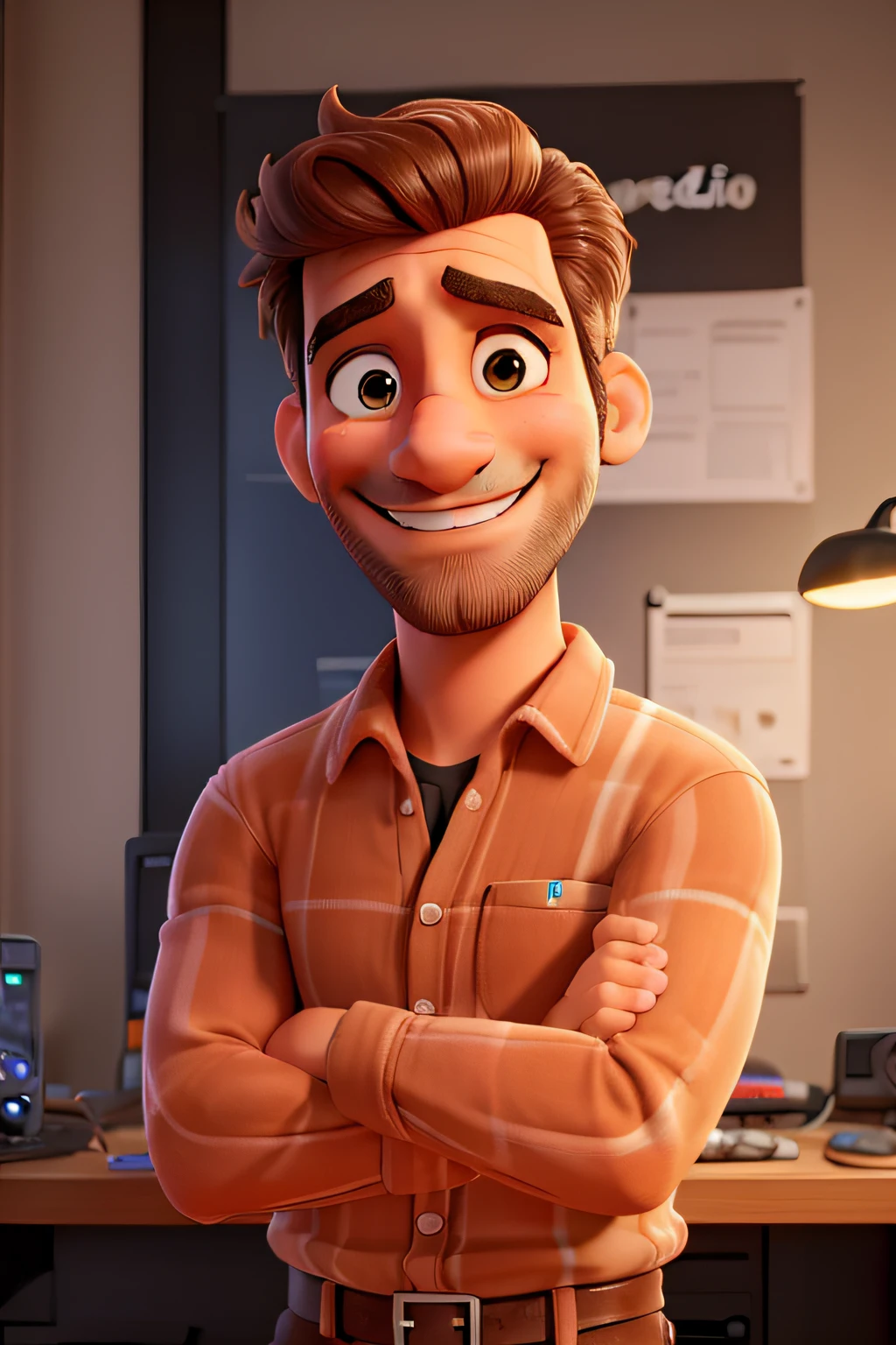 Um homem, de barba, em um estudio de radio com o microfone, sorrindo