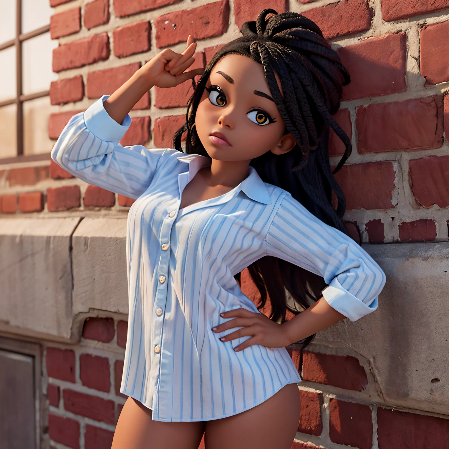 there is a woman standing against an all brick wall with her hand on her head, leaning on the wall, left eye stripe, distorted pose, black young woman, casual pose, african american young woman, leaning against the wall, frontal pose, wearing black and white stripe shirt with horizontal lines, photo of a black woman, doing a sassy pose, young woman in her 20s, young black woman