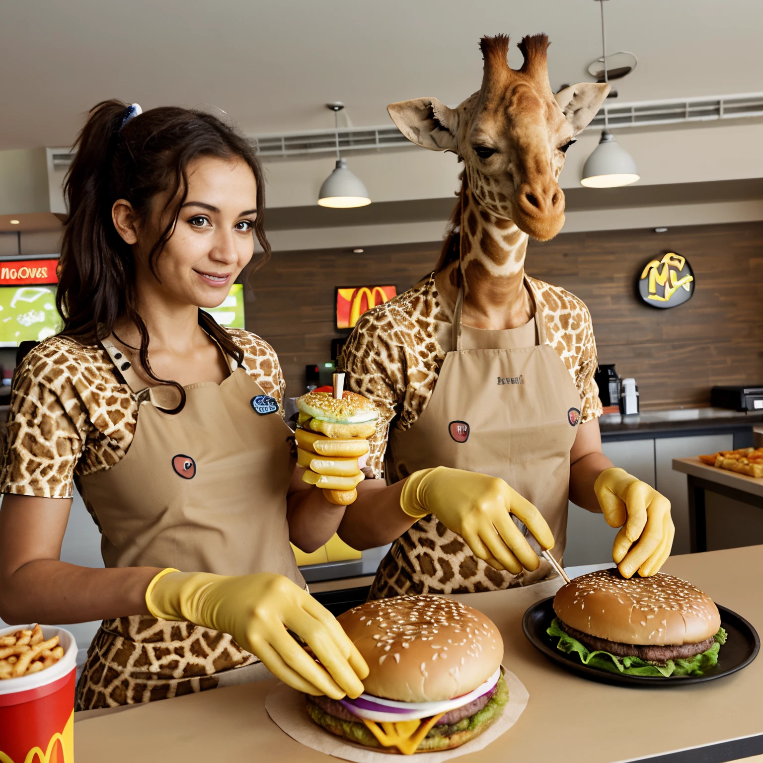 Giraffe McDonald’s workers making burgers