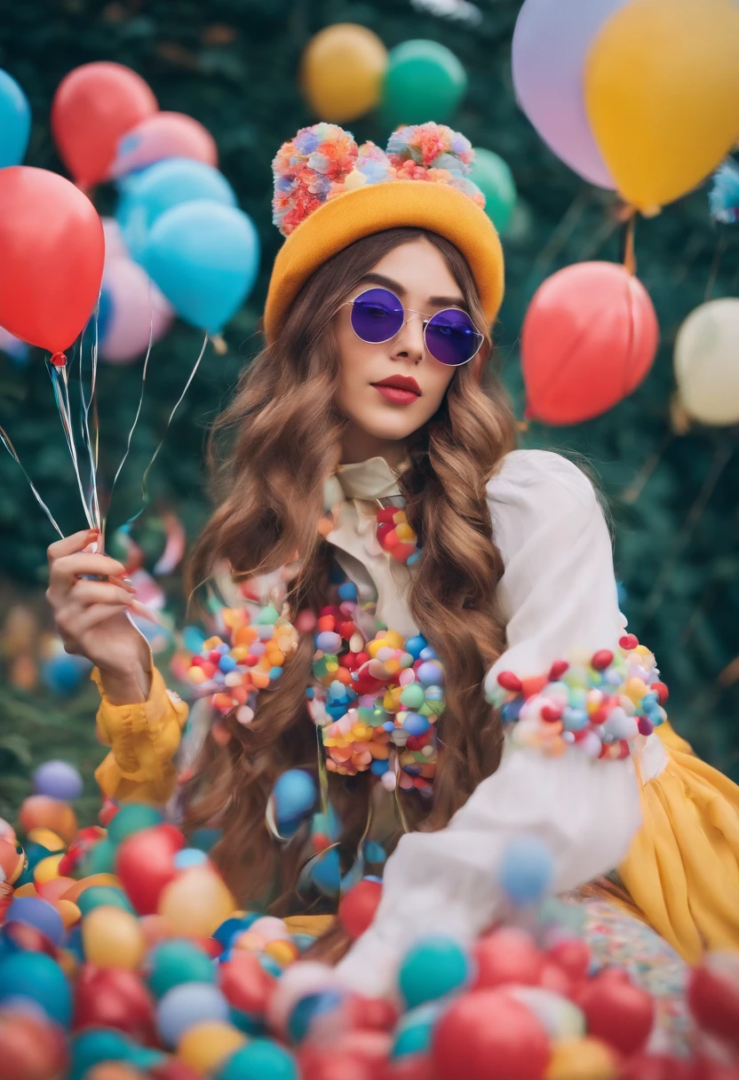 A photo of the character juggling colorful balloons in a whimsical costume,original,Anime merch, beanie, glasses, long hair with neon streaks, no makeup