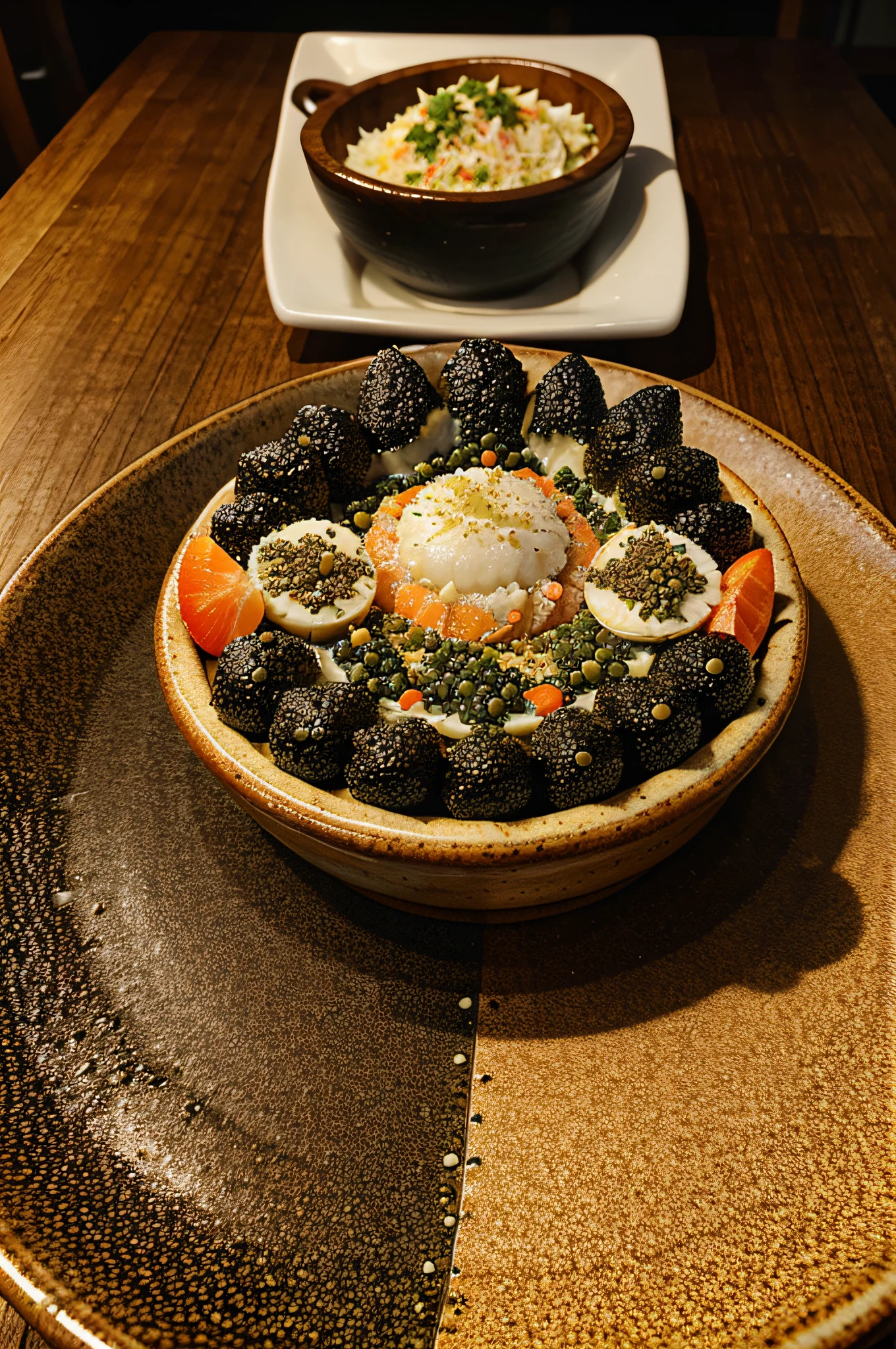 realistic fresh fish caviar crab on a table in a plate with seasonings