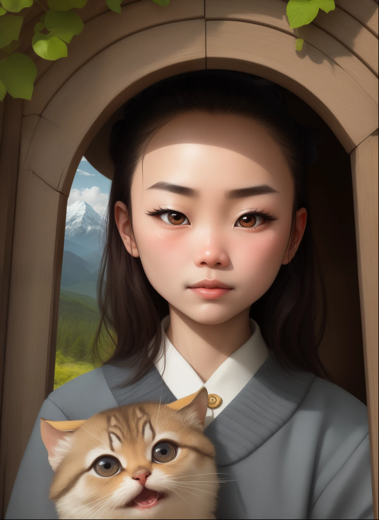 self - portrait,Chinese girl's zygomatic arch is expanded,eyebrows low and thick,Big eyes,The eye bubbles are a little swollen,Long eyelashes,The temples are a bit sunken,Square round face,nose meat,There are mountain roots,Short atrium,Short chin,Medium hairline,The forehead is not too full,But fuller,The mouth is a little protruding,