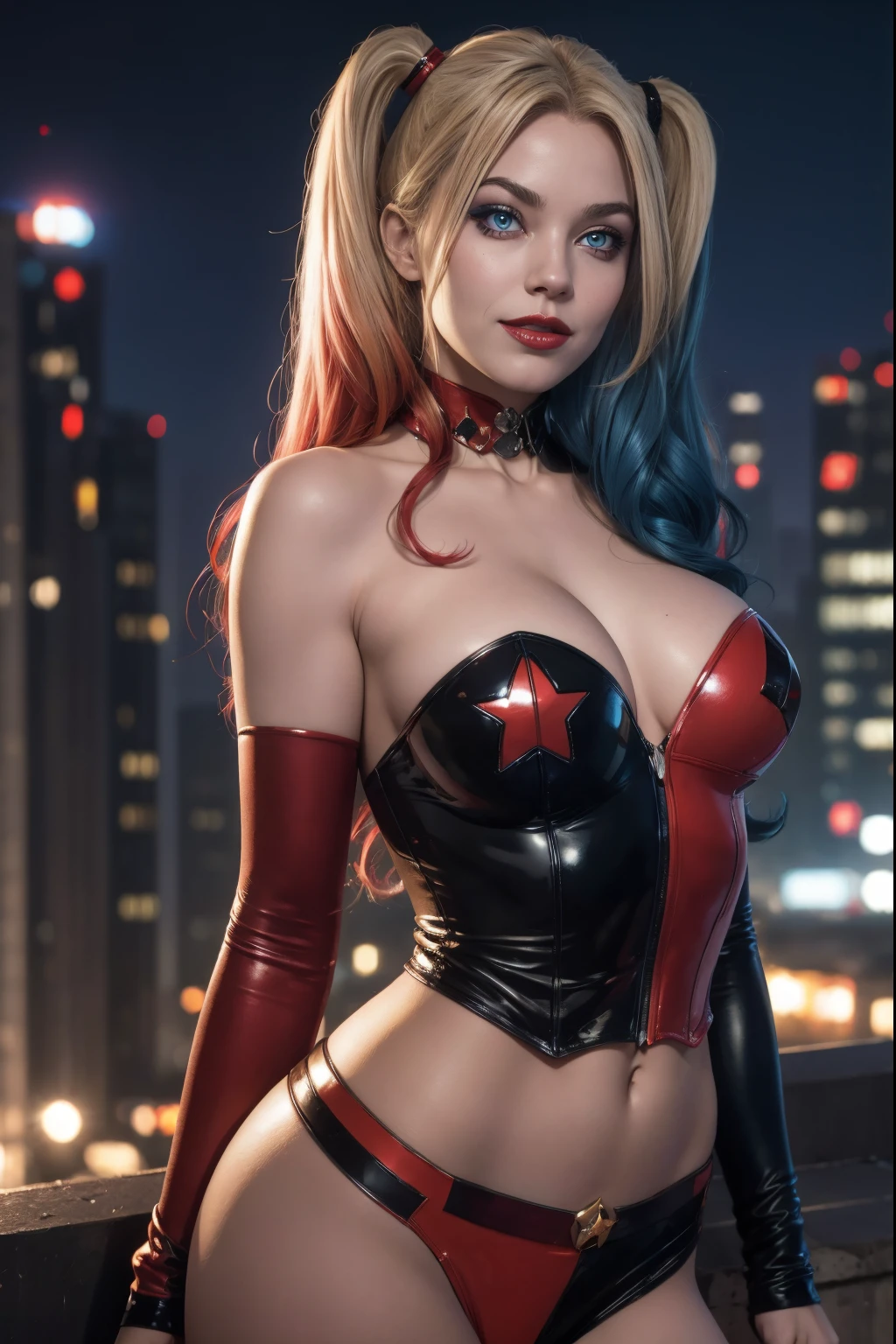 straight-on,upper-body,looking a viewer, BREAK, cartoony_Harley Quinn ,lipstick,blue eyes,makeup,lips,large breasts,鎖骨,red-lips,c,,Bodysuit,cleavage,,glittering,center opening, BREAK, official arts,extremely detailed CG unity 8k wallpaper, perfect lighting,Colorful, Bright_front_s face_illumination,sparkly skin, (Masterpiece:1.0),(Best_Quality:1.0), extra high resolution,4k,Ultra-detailed, photografic, 8K, HDR, hight resolution, (absurdress:1.2), Kodak Portra 400, Film grain, blurred background, (bokeh:1.2), lens flare, (Vibrants_Color:1.2),professional photo of a, (Beautiful_s face:1.5), Protruding Breasts, Torpedo Tits, city background at night, rooftop skyscraper, show skin, slutty, naughty, mischievious, crazy