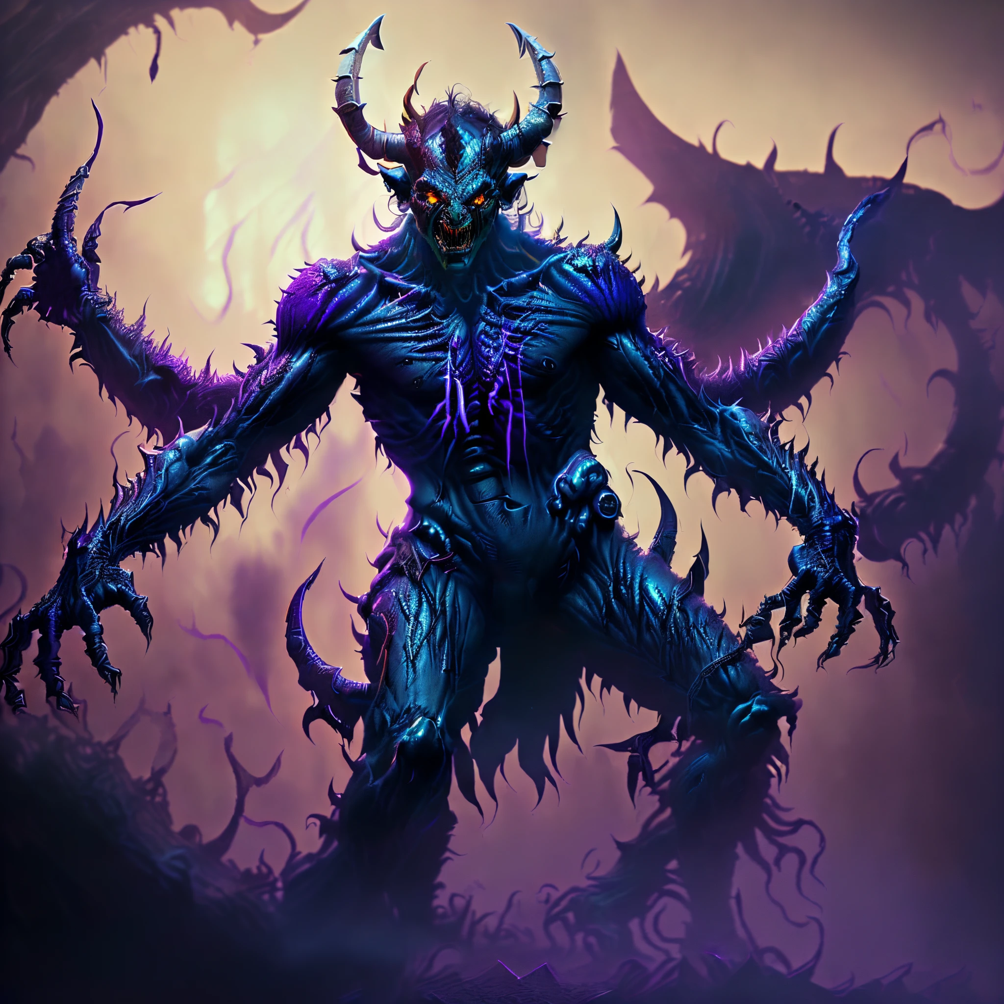 a close up of a demonic creature with purple and black hair, demon soul concept art, demon lord, diablo concept art, world of warcraft concept art, diablo digital concept art, demon male, djinn man male demon, ornate supreme demon overlord, male djinn man demon hybrid, the former demon king, blizzard concept art, world of warcraft art style