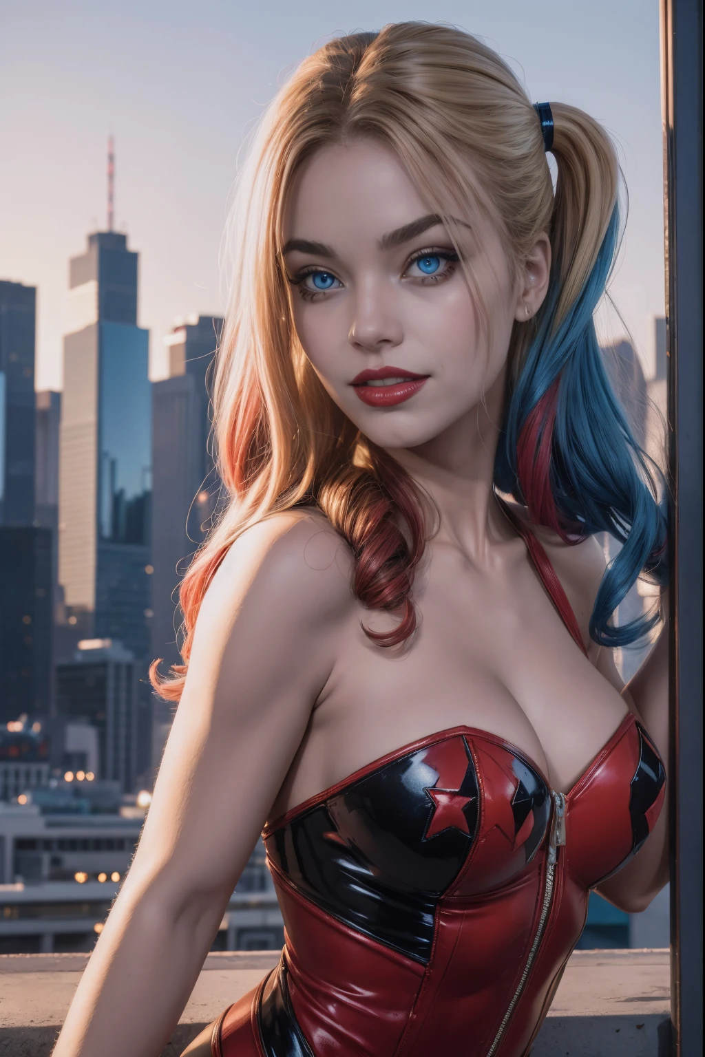 straight-on,upper-body,looking a viewer, BREAK, cartoony_Harley Quinn ,lipstick,blue eyes,makeup,lips,large breasts,鎖骨,red-lips,c,,Bodysuit,cleavage,,glittering,center opening, BREAK, official arts,extremely detailed CG unity 8k wallpaper, perfect lighting,Colorful, Bright_front_s face_illumination,sparkly skin, (Masterpiece:1.0),(Best_Quality:1.0), extra high resolution,4k,Ultra-detailed, photografic, 8K, HDR, hight resolution, (absurdress:1.2), Kodak Portra 400, Film grain, blurred background, (bokeh:1.2), lens flare, (Vibrants_Color:1.2),professional photo of a, (Beautiful_s face:1.5), Protruding Breasts, Torpedo Tits, city background at night, rooftop skyscraper, show skin, slutty, naughty, mischievious, crazy