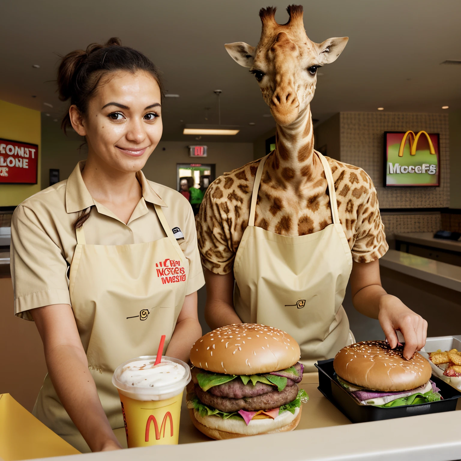 Giraffe McDonald’s workers making burgers
