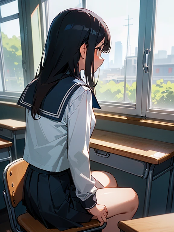 Best quality, (background is a school classroom), 1 girl, sitting on a school chair,((looking away:1.3)),((girl is looking at the window:1.3)), (girl is gazing outside from the classroom window),outside is overcast. (classroom scene: 1.3), (During class:1.3),black long-sleeved sailor uniform, black pleated skirt, black hair, long hair, young girl, school desk,lighting
