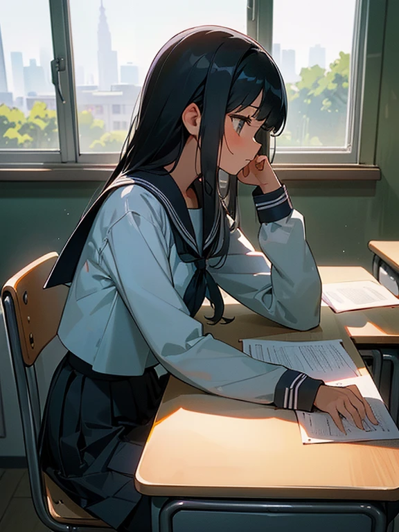 Best quality, (background is a school classroom), 1 girl, sitting on a school chair,((looking away:1.3)),((girl is looking at the window:1.3)), (girl is gazing outside from the classroom window),outside is overcast. (classroom scene: 1.3), (During class:1.3),black long-sleeved sailor uniform, black pleated skirt, black hair, long hair, young girl, school desk,lighting