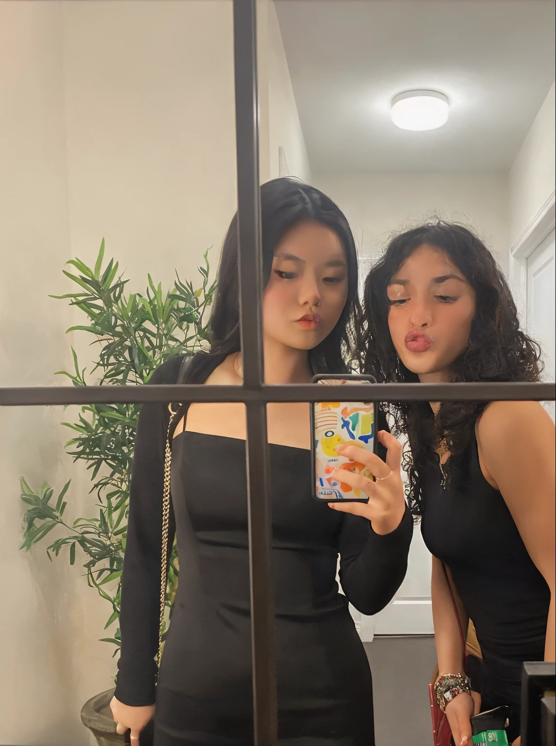 there are two women taking a picture in a mirror, two models in the frame, mirror selfie, 😭 🤮 💕 🎀, two girls, standing in front of a mirror, inspired by Wang Duo, 😭🤮 💔, wearing a tight black dress, wearing a black dress, very very low quality picture, 🤬 🤮 💕 🎀, #oc, # oc