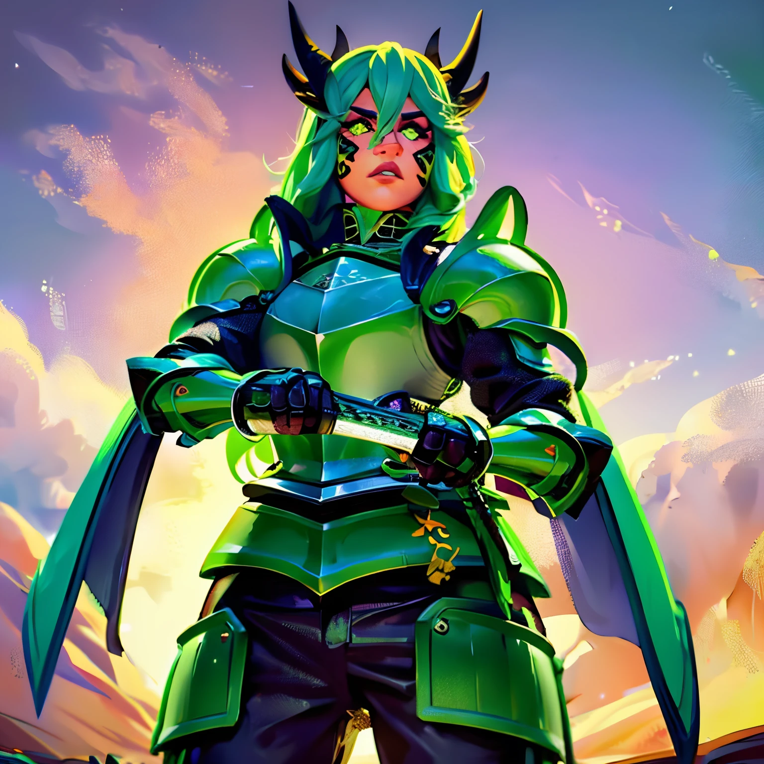 1 person, female, full body, glowing eyes, green hair color, green scale color, Ultra-detailed face, Highly Detailed Lips, Detailed Eyes, horns, standing up, wearing armor, wielding sword, in a desert, dense scales on face