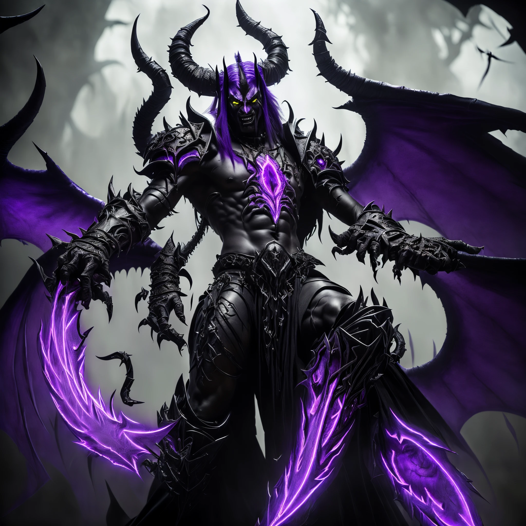 a close up of a demonic creature with purple and black hair, demon soul concept art, demon lord, diablo concept art, world of warcraft concept art, diablo digital concept art, demon male, djinn man male demon, ornate supreme demon overlord, male djinn man demon hybrid, the former demon king, blizzard concept art, world of warcraft art style