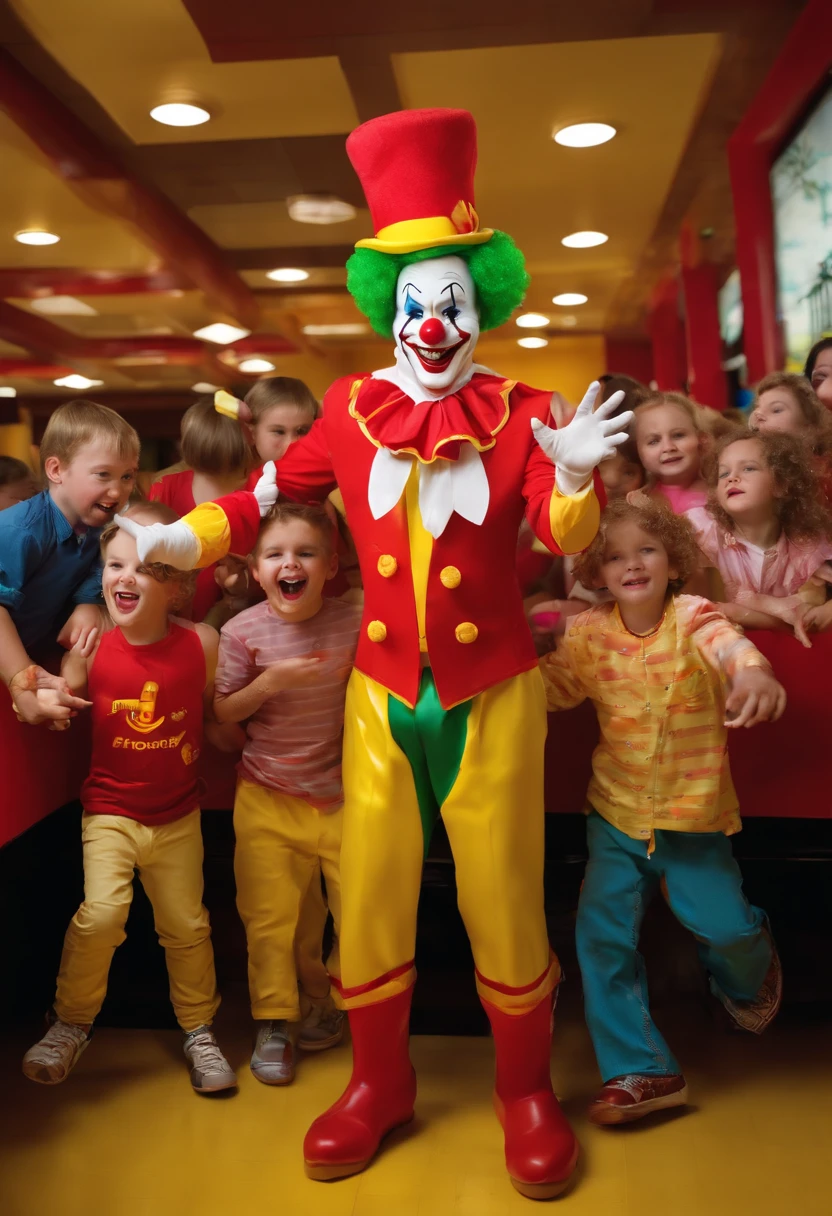 Create a realistic image of the DC Joker as an ice cream man, ice cream cart with the words JOKER ICE CREAM written on it, serving children
