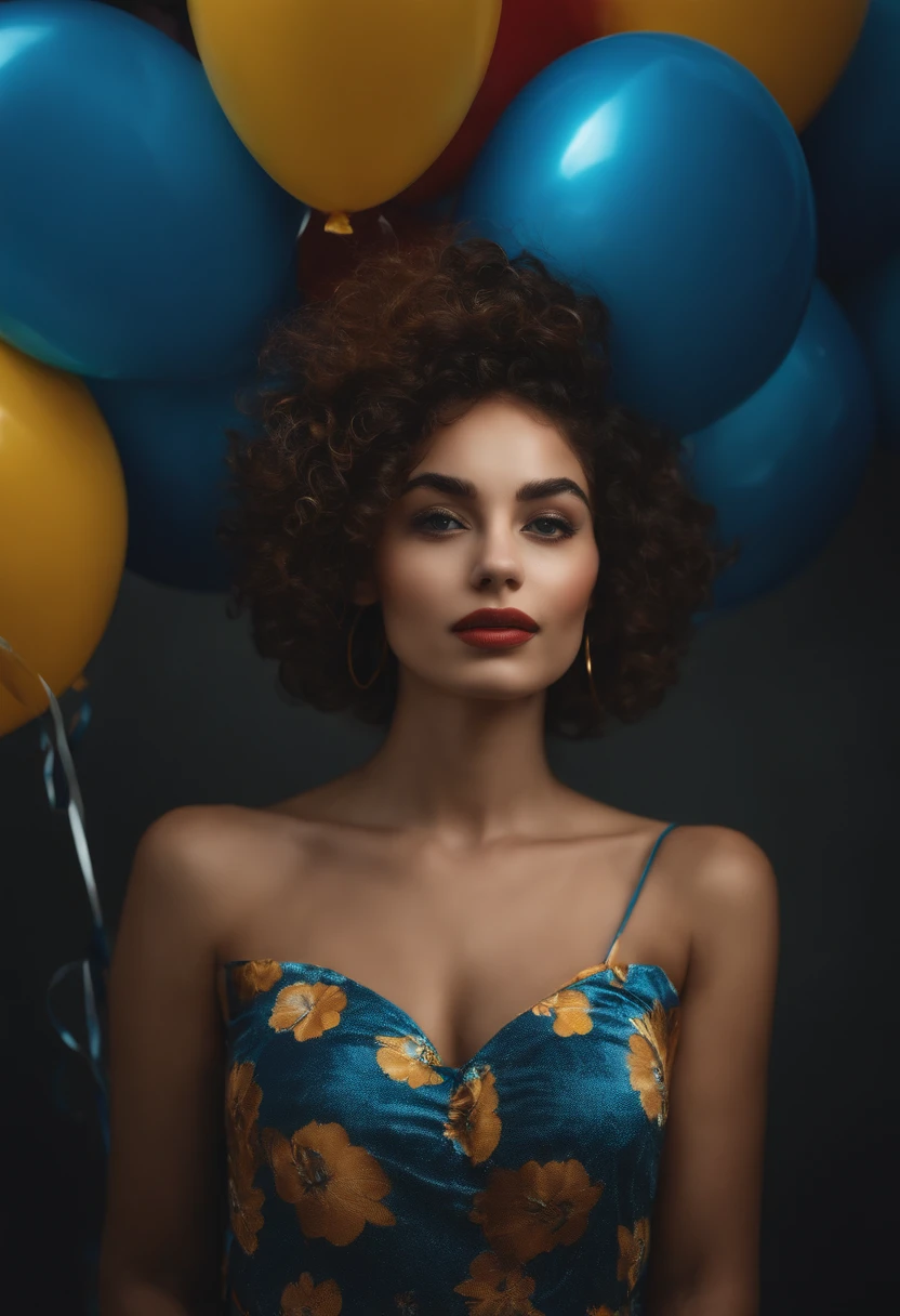 girl with short curly hair standing, comemorando aniversario, holding in your hands emoji balloons, vestindo um vestido azul com emoji
