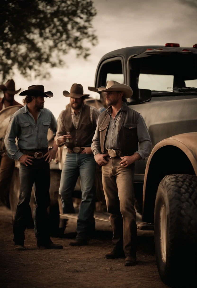 Redneck men standing around trucks, boots on, cowboy hats, smoking.