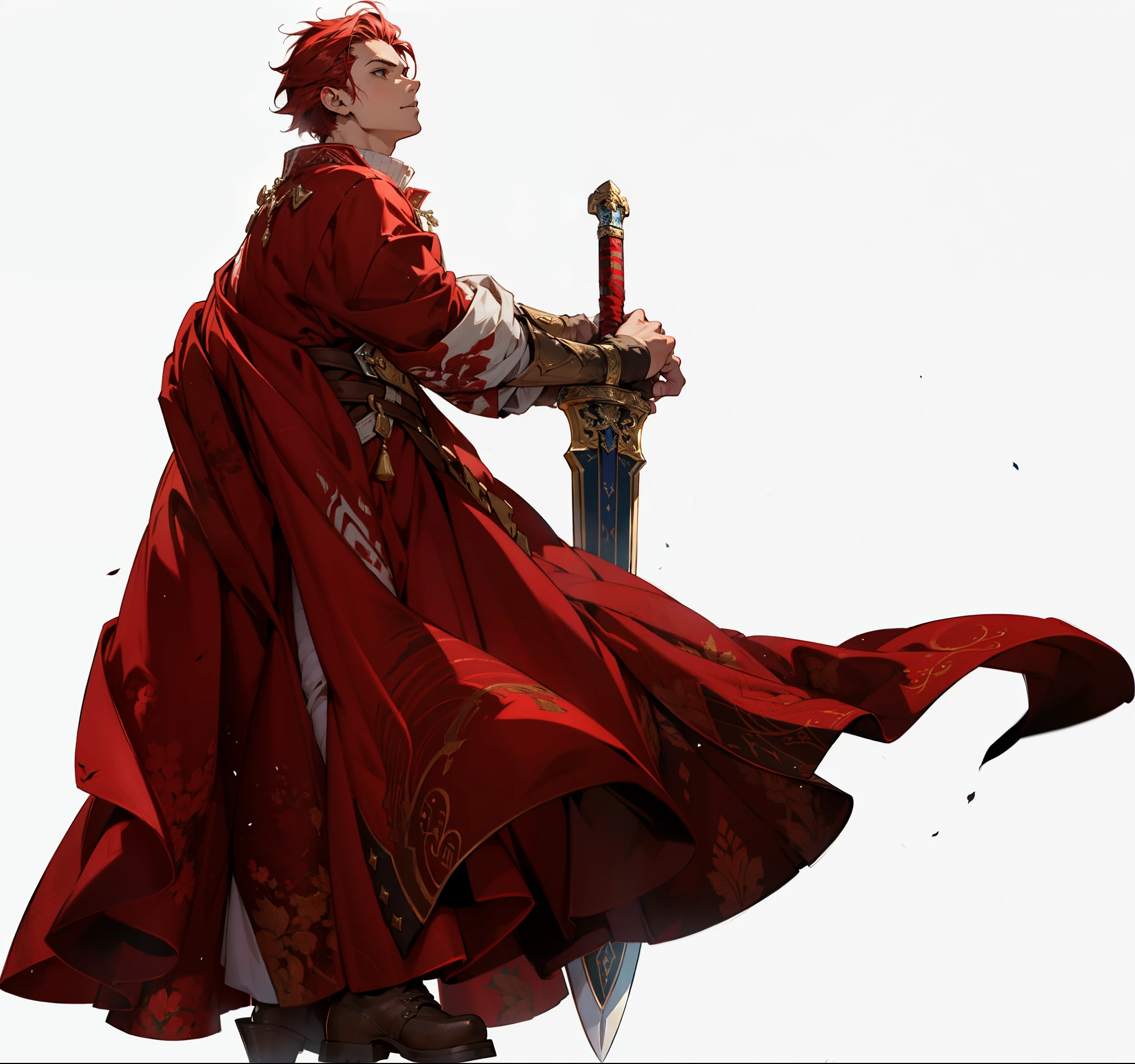 anime, un macho hombre muy masculino con una capa de macho rojo sosteniendo una espada, Capa roja, kvothe de Nombre del viento, vestido con una capa roja, con espada grande, sostiene una espada, Trabajos de hoja ilimitados, Arte Oficial, Arte oficial del personaje, destino/Cero, Arte Casimiro, Cushart Krenz, El destino se queda la noche, Foto de perfil, mientras sostiene una espada