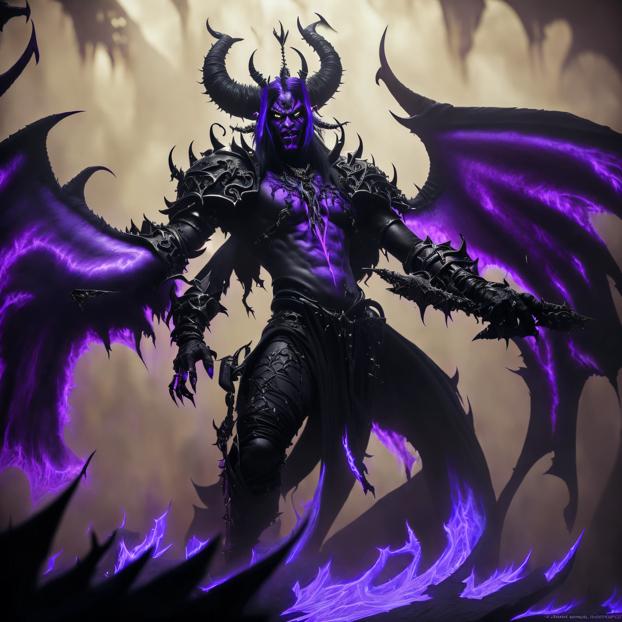 a close up of a demonic creature with purple and black hair, demon soul concept art, demon lord, diablo concept art, world of warcraft concept art, diablo digital concept art, demon male, djinn man male demon, ornate supreme demon overlord, male djinn man demon hybrid, the former demon king, blizzard concept art, world of warcraft art style