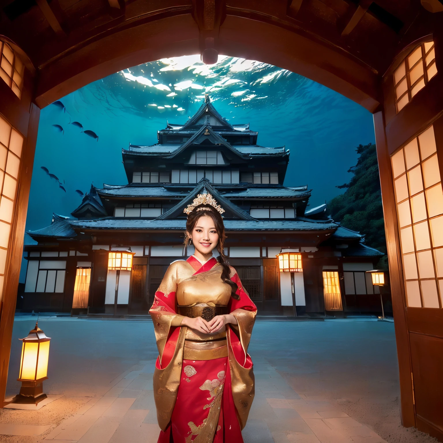 ((top-quality、masutepiece、8K、Top image quality、Highly complex and detailed depictions、super-fine、1 photo))、((one princess、Take a photo of the princess&#39;s upper body、luxurious courtesan costume、Luxurious furisode、Luxurious hair ornaments、The background is a castle in the deep sea、She stands at the entrance to the deep sea castle、Many beautiful fish are swimming around the castle.、Sparkling water surface、Fine brilliance、Sunlit water surface、Many beautiful corals and fish around the castle)、((Very intricate and detailed Japanese castle、Castle lit up、An incredibly gorgeous and luxurious castle、The most luxurious and ornate castle、Beautiful Niwa-lacquered castle pillars、Exterior of Niwa-nuri Castle、luxury tile roof、Gold decoration of Niwa-nuri castle、Luxurious Japanese castle in red and gold、red shining castle、red lantern lighting、The most fantastic)))、(View me、Biggest smile、The happiest smile、Look at viewers、photo of her upper body、Perfectly depict detailed and complex underwater scenes、Detailed depictions of many beautiful sea creatures)