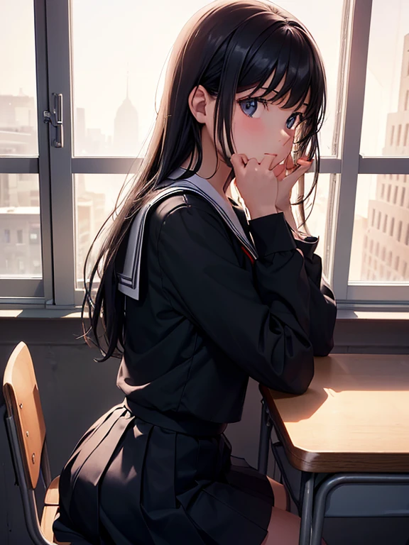 Best quality, (background is a school classroom), 1 girl, sitting on a school chair,((looking away:1.3)),((girl is looking at the window:1.8)), (girl is gazing outside from the classroom window:1.8),outside is overcast:1.3, (classroom scene: 1.3), (During class:1.3),black long-sleeved sailor uniform, black pleated skirt, black hair, long hair, young girl, school desk,lighting