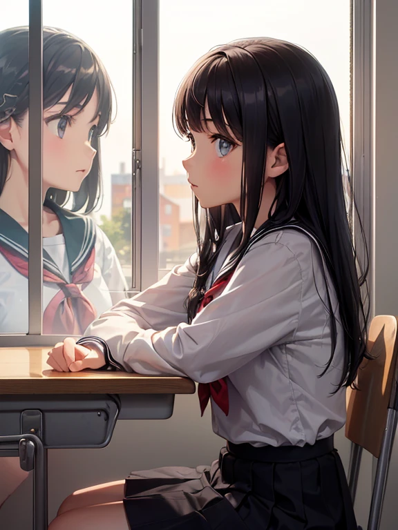 Best quality, (background is a school classroom), 1 girl, sitting on a school chair,((looking away:1.3)),((girl is looking at the window:1.8)), (girl is gazing outside from the classroom window:1.8),outside is overcast:1.3, (classroom scene: 1.3), (During class:1.3),black long-sleeved sailor uniform, black pleated skirt, black hair, long hair, young girl, school desk,lighting