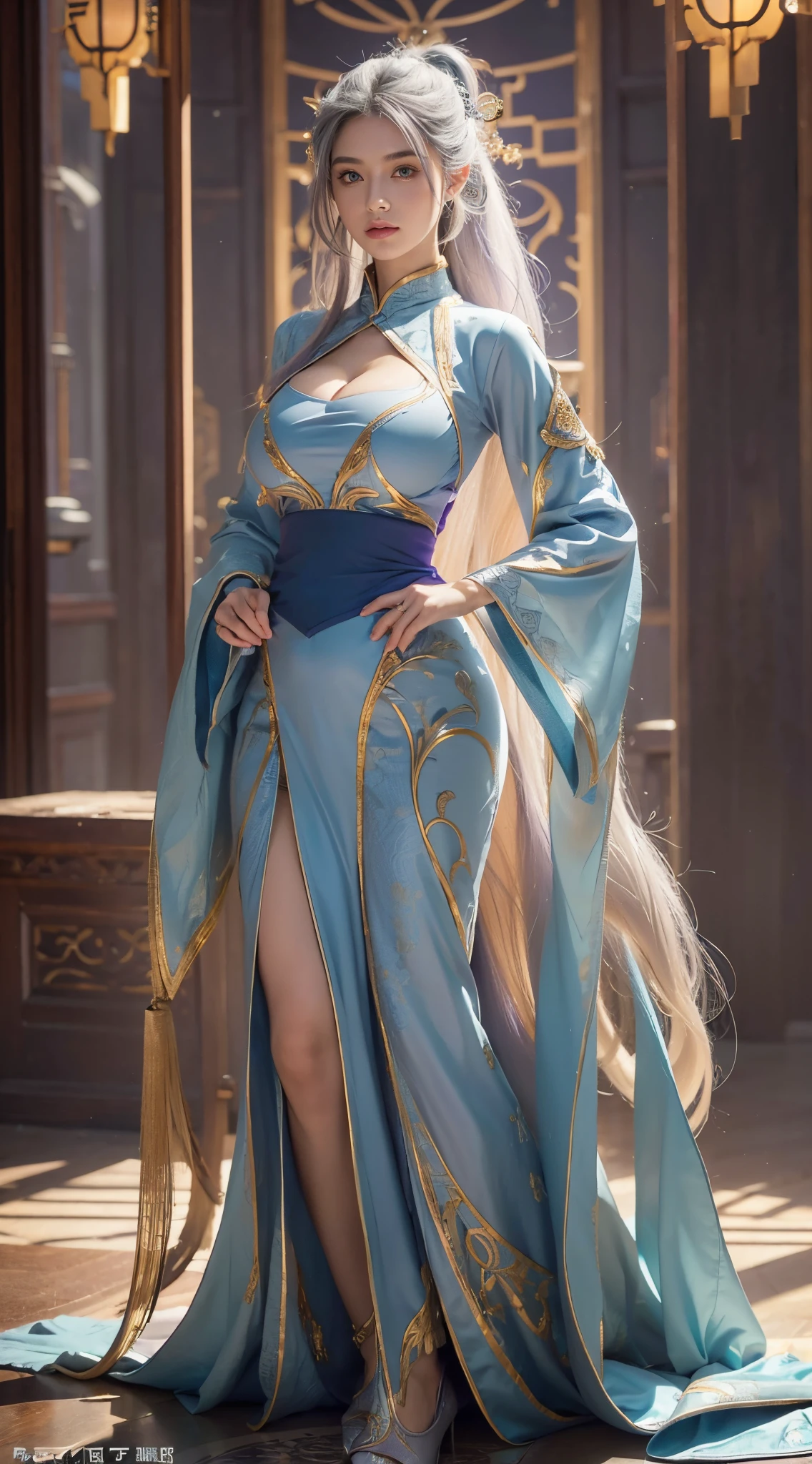 (Numerous award-winning masterpieces, with incredible details), ((Extremely beautifull face)), (extremely detailed realistic face features), (beutiful purple grey eyes), ((finely detailed true circle Symmetrical purple grey eyes)), (She has a meloncholic face), (A majestic sight), long blue hair, (big breasts: 1.8), anatomic, small wraist with big hips, light blue hair, long hair, perfect five fingers, perfects hands