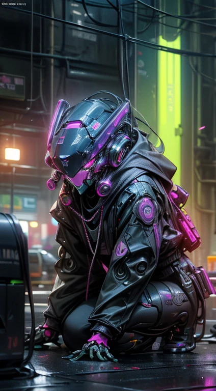 Robots mutantes, Color verde y morado,liquid,Luz nocturna ,neon light,(( cyberpunk )),((8k, UHD, ultra realista))