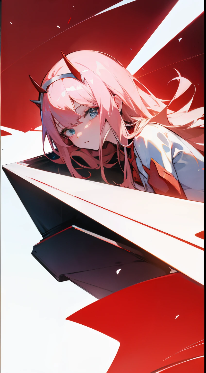 Anime art, Zero Two, Darling in the Franxx Anime, high res, ultrasharp, 8k, masterpiece, looking at viewer, 1girl, iphone wallpaper