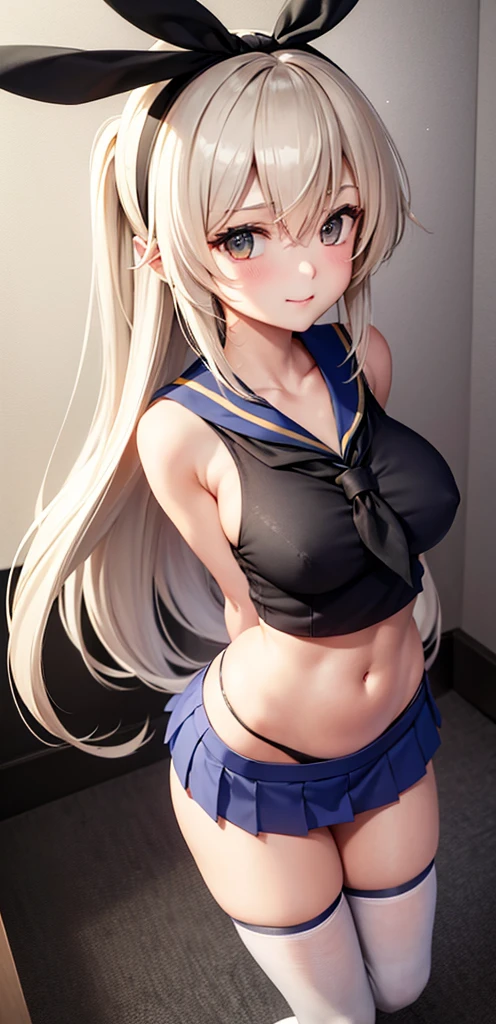 (masterpiece, best quality:1.2),illustration,8k,hd,1girl,solo,upper body,(portrait:1.2),long_hair,blonde_hair,elbow_gloves,underwear,striped_thighhighs,white_gloves,smile,navel,yellow eyes,highleg_panties,black_panties,anchor_hair_ornament,highleg,blush,school_uniform,crop_top,sailor_collar,hairband,hair_ornament,serafuku,miniskirt,pleated_skirt,blue_skirt,sleeveless,bare_shoulders,hair_between_eyes,grey_footwear,microskirt,midriff,neckerchief,collarbone,smug, small waist, slim waist, fit body, fit legs, toned legs, toned arms, fit arms, fit midriff, toned midriff, large breasts, huge breasts, giant breasts, muscular midrif, muscular arms, black panties, sixpack,