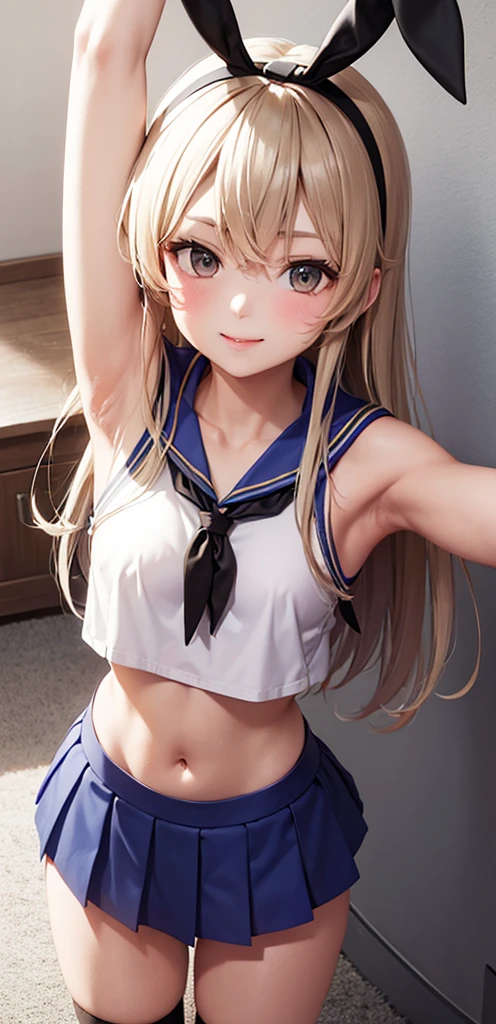 (masterpiece, best quality:1.2),illustration,8k,hd,1girl,solo,upper body,(portrait:1.2),long_hair,blonde_hair,elbow_gloves,underwear,striped_thighhighs,white_gloves,smile,navel,yellow eyes,highleg_panties,black_panties,anchor_hair_ornament,highleg,blush,school_uniform,crop_top,sailor_collar,hairband,hair_ornament,serafuku,miniskirt,pleated_skirt,blue_skirt,sleeveless,bare_shoulders,hair_between_eyes,grey_footwear,microskirt,midriff,neckerchief,collarbone,smug, small waist, slim waist, fit body, fit legs, toned legs, toned arms, fit arms, fit midriff, toned midriff, large breasts, huge breasts, giant breasts, muscular midrif, muscular arms, black panties, sixpack,