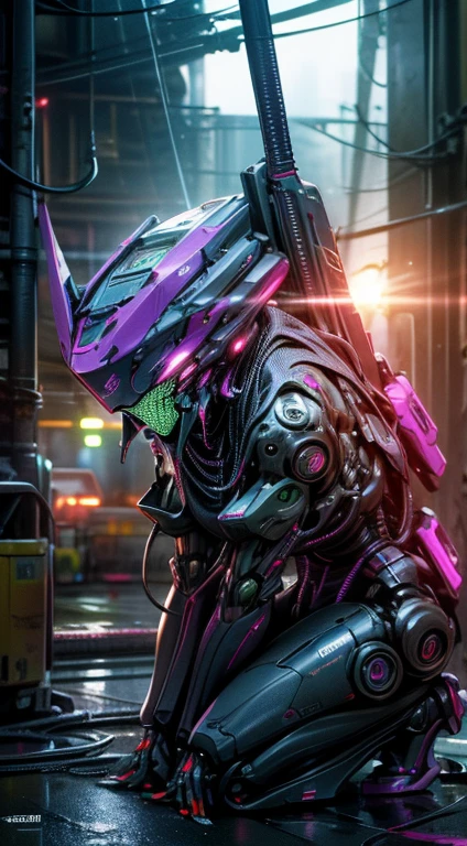 Robots mutantes, Color verde y morado,liquid,Luz nocturna ,neon light,(( cyberpunk )),((8k, UHD, ultra realista))