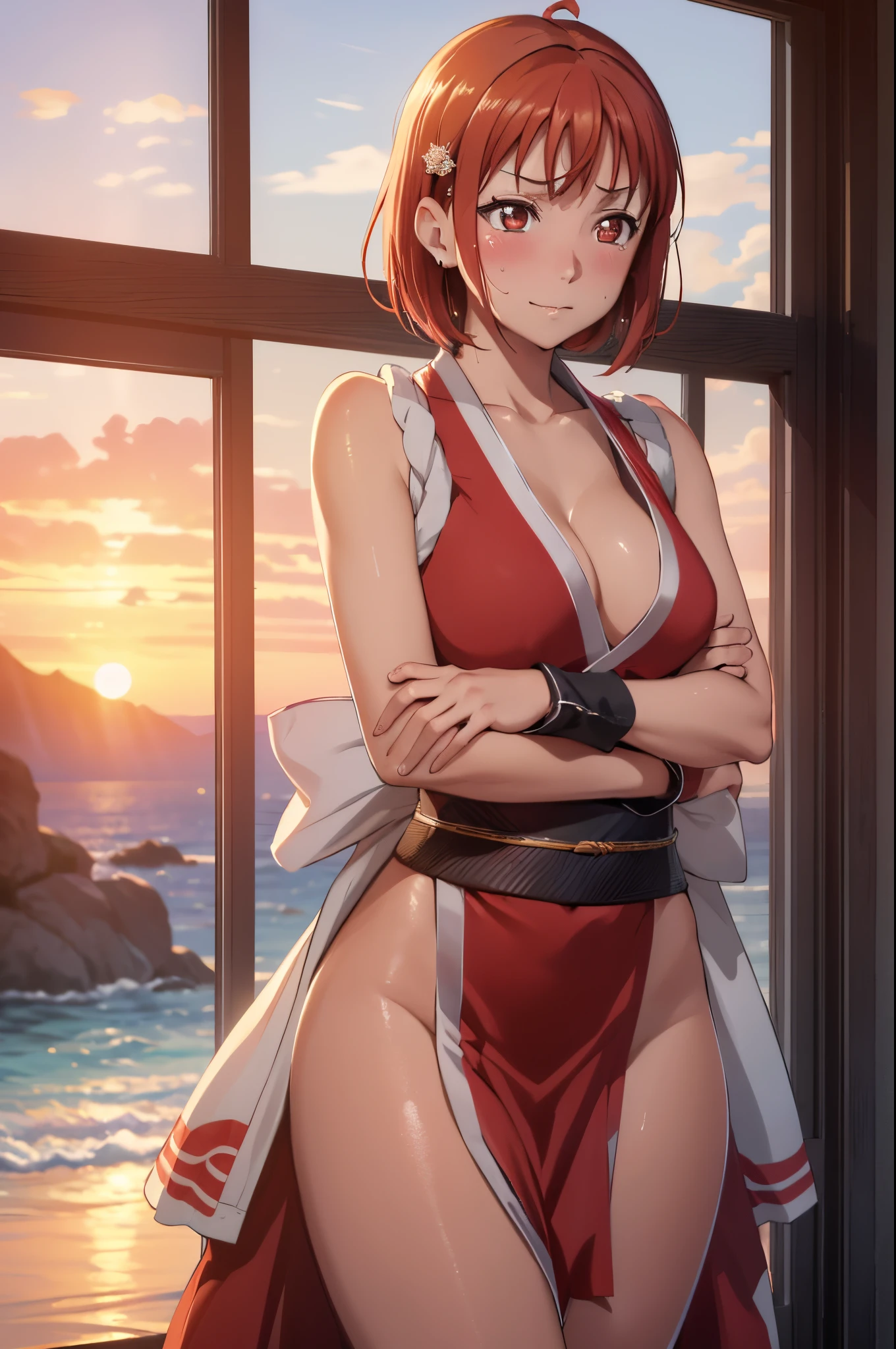 (best quality,4k,8k,highres,masterpiece:1.2), solo,ultra-detailed, sunset , takami chika, slightly smile, Blushing, thighs, cowboy shot, hair ornament, sea in background, sweating, crying eyes,kunoichi dress, short hair, embarrassed