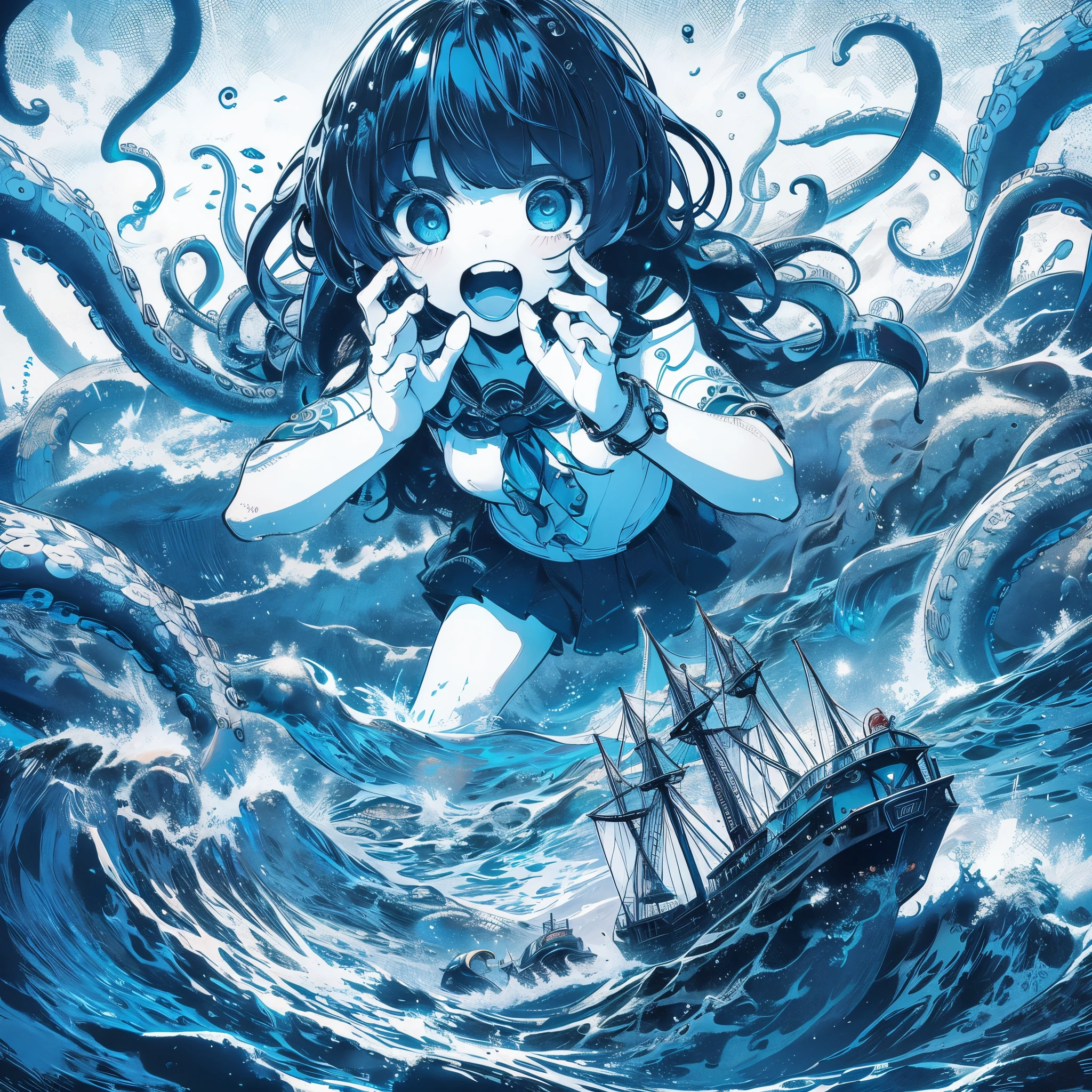 Ocean. giant girl. Attacks from below the surface. A girl attacking a ship. Tentacles on the ocean floor. swim. UMA style.