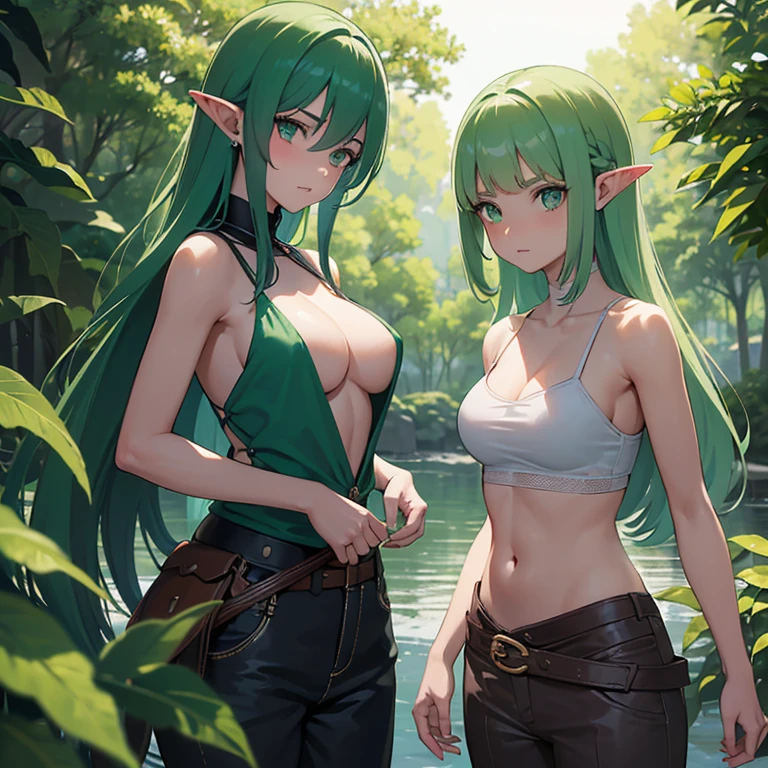 1girl, ((pecho mediano)), (abdomen cortado: 1.1), (cuerpo perfecto: 1.1), (cabello largo y liso: 1.2), ((pelo largo trenzado largo verde)), ((ojos verdes)), ((Olhos emitiendo un brillo verde.)), cuerpo completo, Nuestro, piel oscura, vistiendo una coraza de cuero antiguo extremadamente detallada y ricamente detallada, cosida y golpeada, pantalones cortos de cuero antiguos ricamente cosidos, wide belt dropped to the side, corpo fortemente marcado destacado e detallado, Image depicting an elven warrior after battle some scratches, marcas en el cuerpo, very serious and concentrated expression wandering along the river bank. (((enorme, Espada excesivamente detallada y fuertemente danificada en batalla))). (fondo de pantalla CG 8k extremadamente detallado), (extremadamente delicado y hermoso), (Pieza maestra), (La mejor calidad: 1.0), (ultrahigh resolution: 1.0), beautiful lighting, Perfect lighting, sombras realistas, [High resolution ], Piel detallada, ((textura de la piel)), super detallados