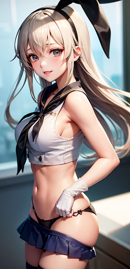 (masterpiece, best quality:1.2),illustration,8k,hd,1girl,solo,upper body,(portrait:1.2),long_hair,blonde_hair,elbow_gloves,underwear,striped_thighhighs,white_gloves,smile,navel,yellow eyes,highleg_panties,black_panties,anchor_hair_ornament,highleg,blush,school_uniform,crop_top,sailor_collar,hairband,hair_ornament,serafuku,miniskirt,pleated_skirt,blue_skirt,sleeveless,bare_shoulders,hair_between_eyes,grey_footwear,microskirt,midriff,neckerchief,collarbone,smug, small waist, slim waist, fit body, fit legs, toned legs, toned arms, fit arms, fit midriff, toned midriff, large breasts, huge breasts, giant breasts, muscular midrif, muscular arms, black panties, sixpack, cleavage