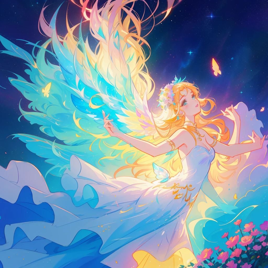 Muchacha hermosa en vestido de gala que fluye, (alas de hada brillantes), vestido de gala brillante que fluye, Cabello largo y ondulado, alas de hada brillantes, watercolor illustration, Flores y plantas coloridas, inspirado por Glen Keane, inspirado por Lois van Baarle, Estilo de arte de Disney, por Lois van Baarle, aura brillante a su alrededor, por Glen Keane, Jen Bartel, Luces brillantes! Pintura digital, cabello brillante y fluido, cabello brillante y suelto, beautiful digital illustration, Fantasy Otherworldly Landscape Plants Flowers, Beautiful, Obra maestra, La mejor calidad, Anime al estilo Disney