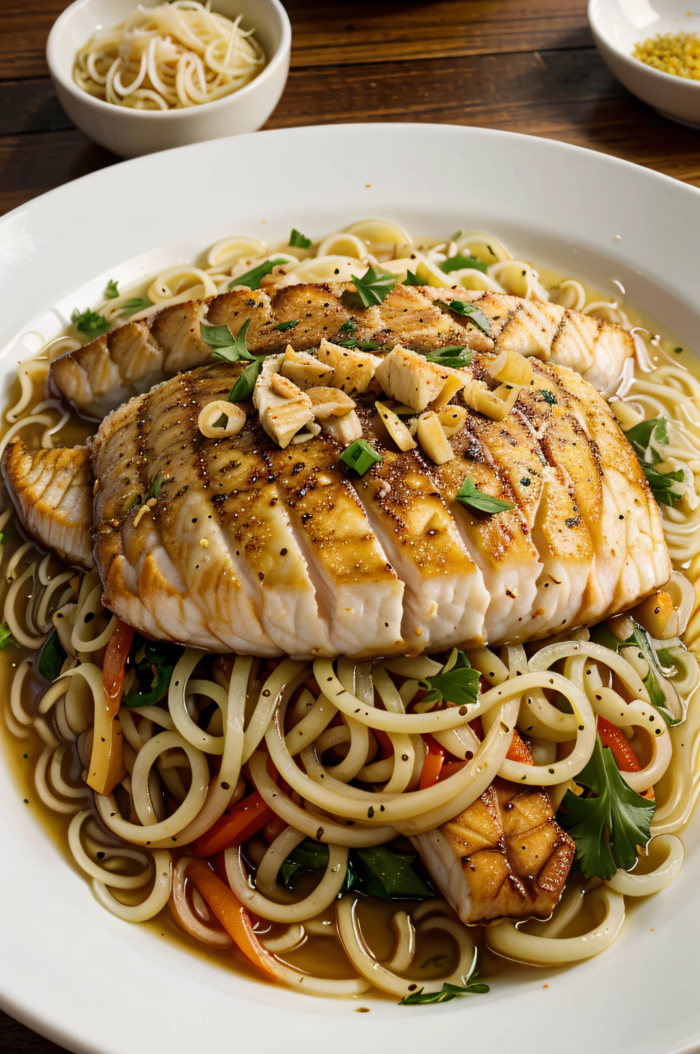 realistic fresh and warm noodles and fish on a table in a plate with seasonings