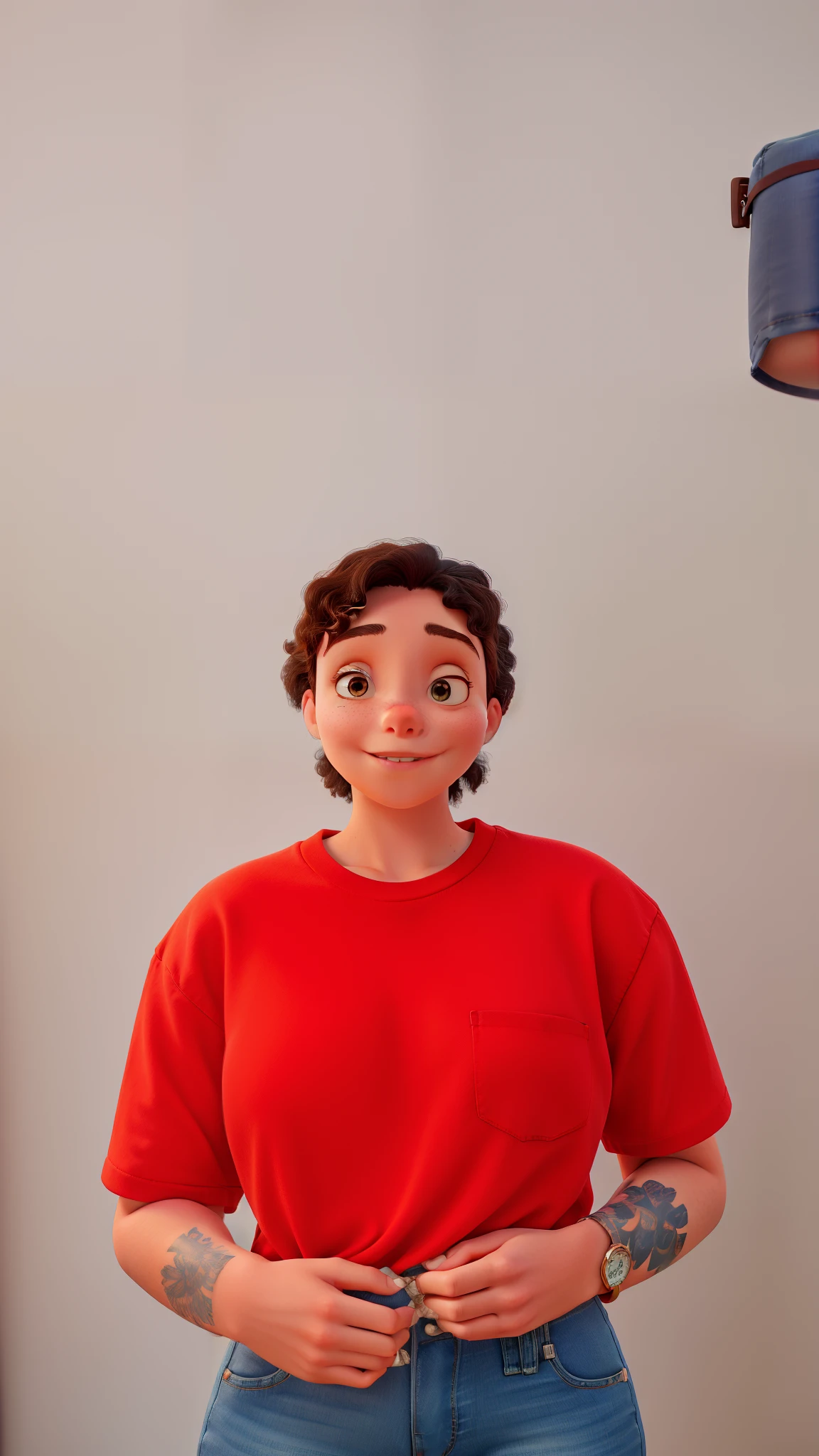 girl in red t shirt tucked in light blue denim.